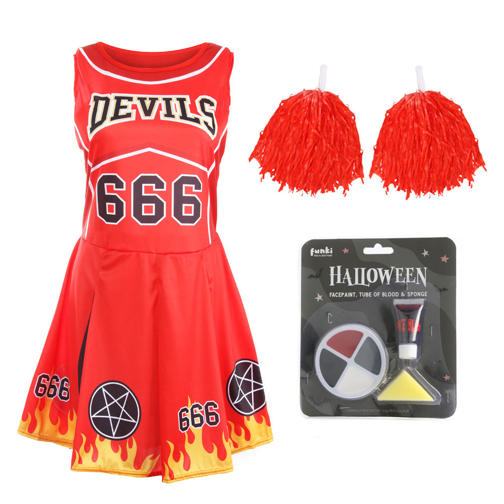 Ladies Halloween Devil Cheerleader - Facepaint and Pom Poms