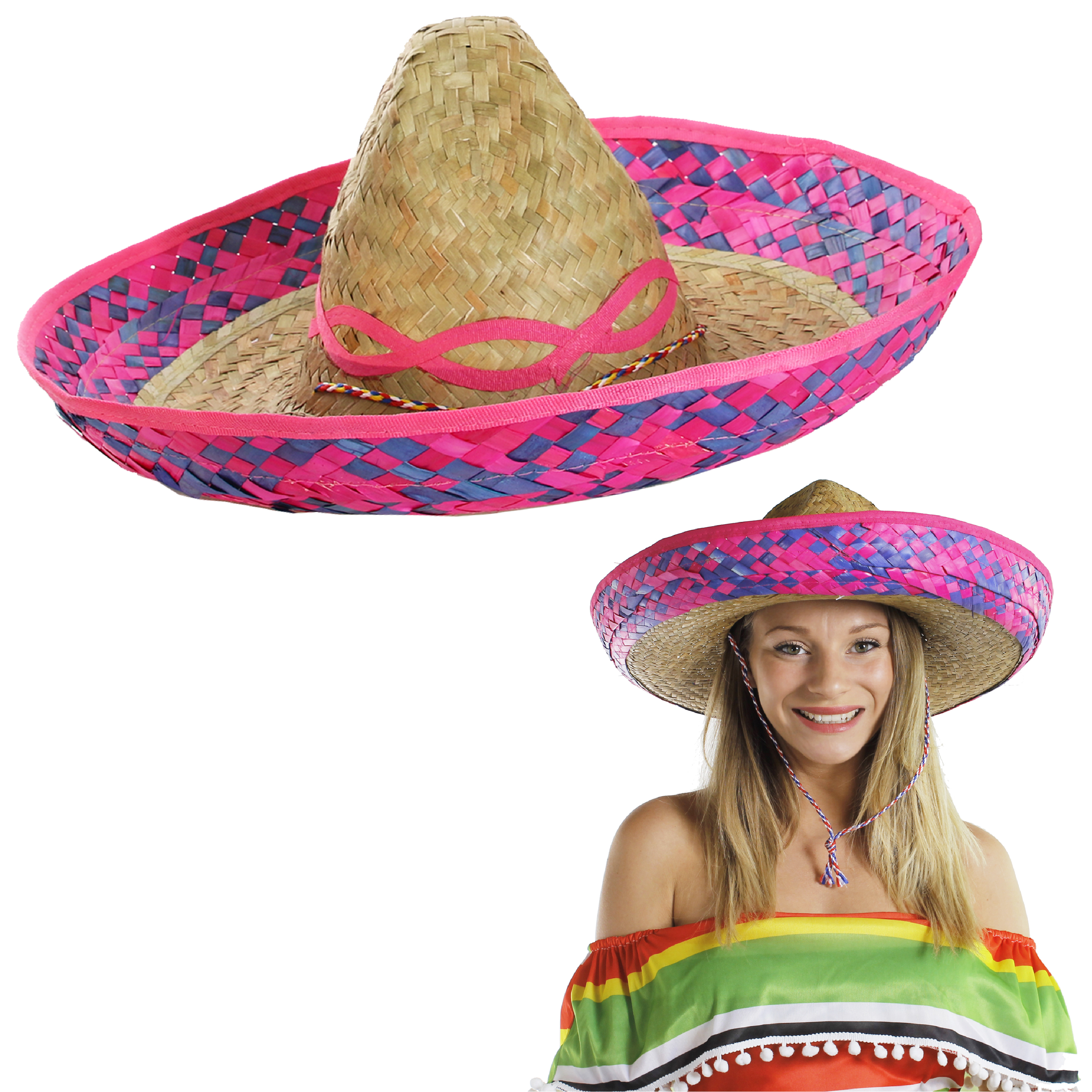 Mexican Sombrero Straw Hat with Pink Design