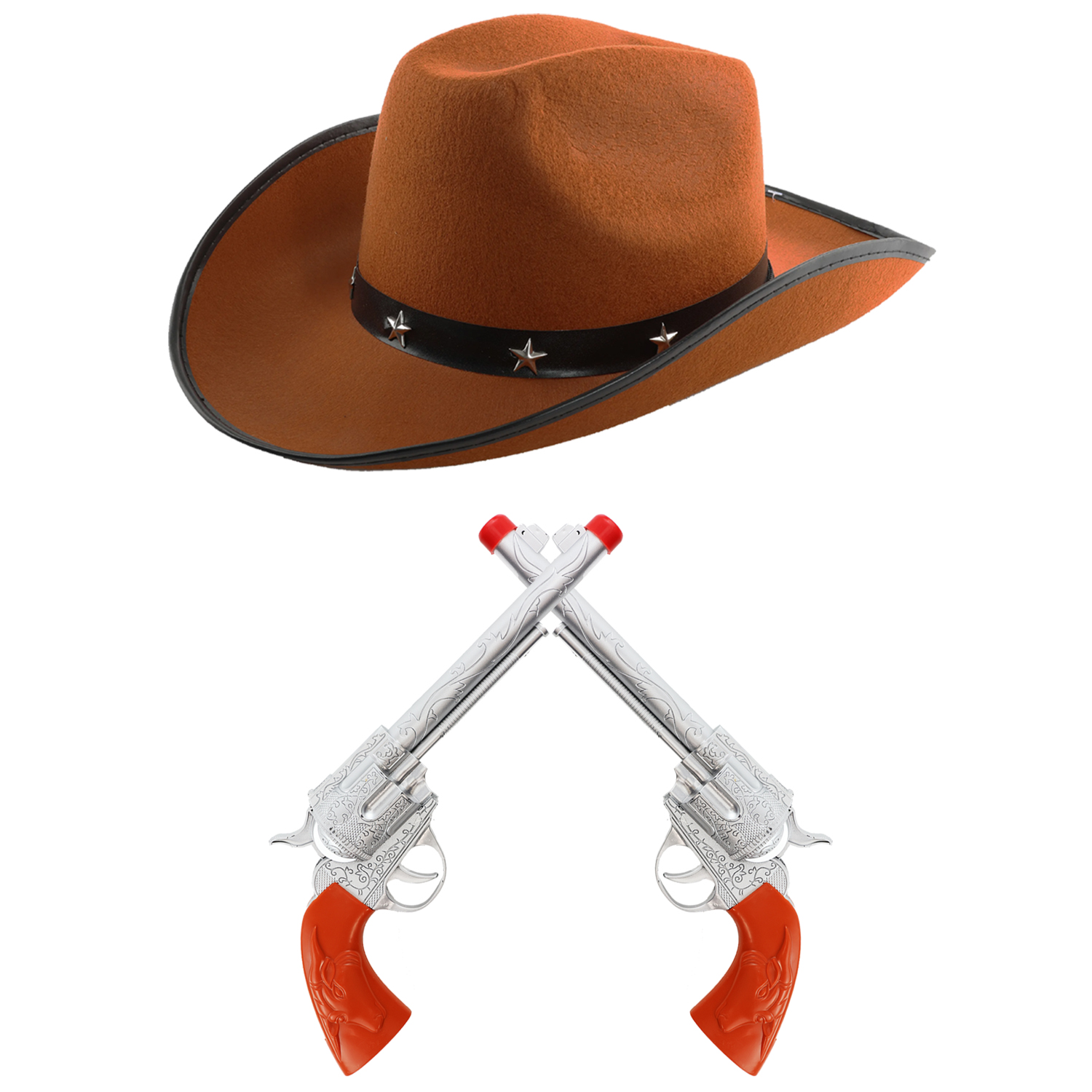 Brown Star Studded Cowboy Hat & Plastic Pistol Set