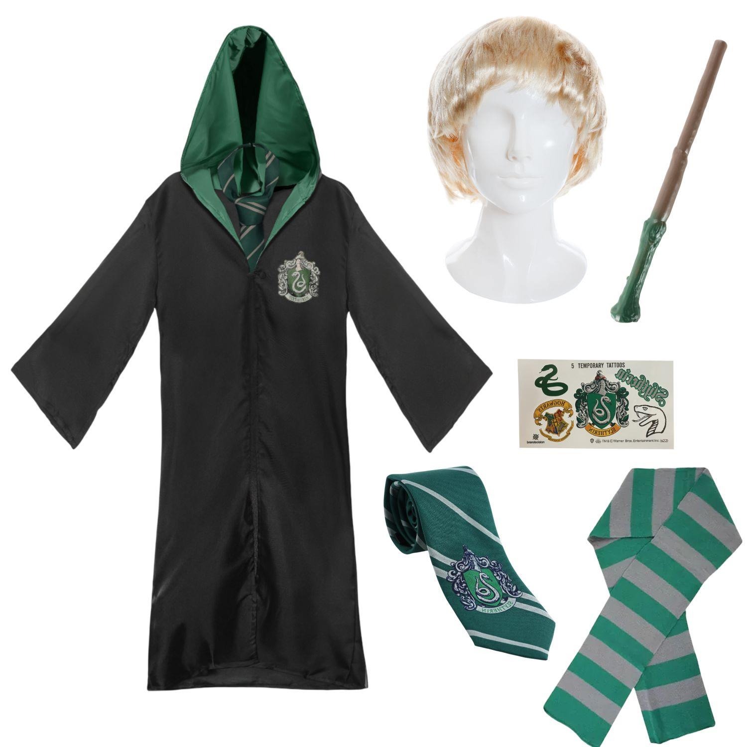 Adults Draco Costume | 6 Pcs | Robe, Tie, Wig, Wand, Tattoos & Scarf