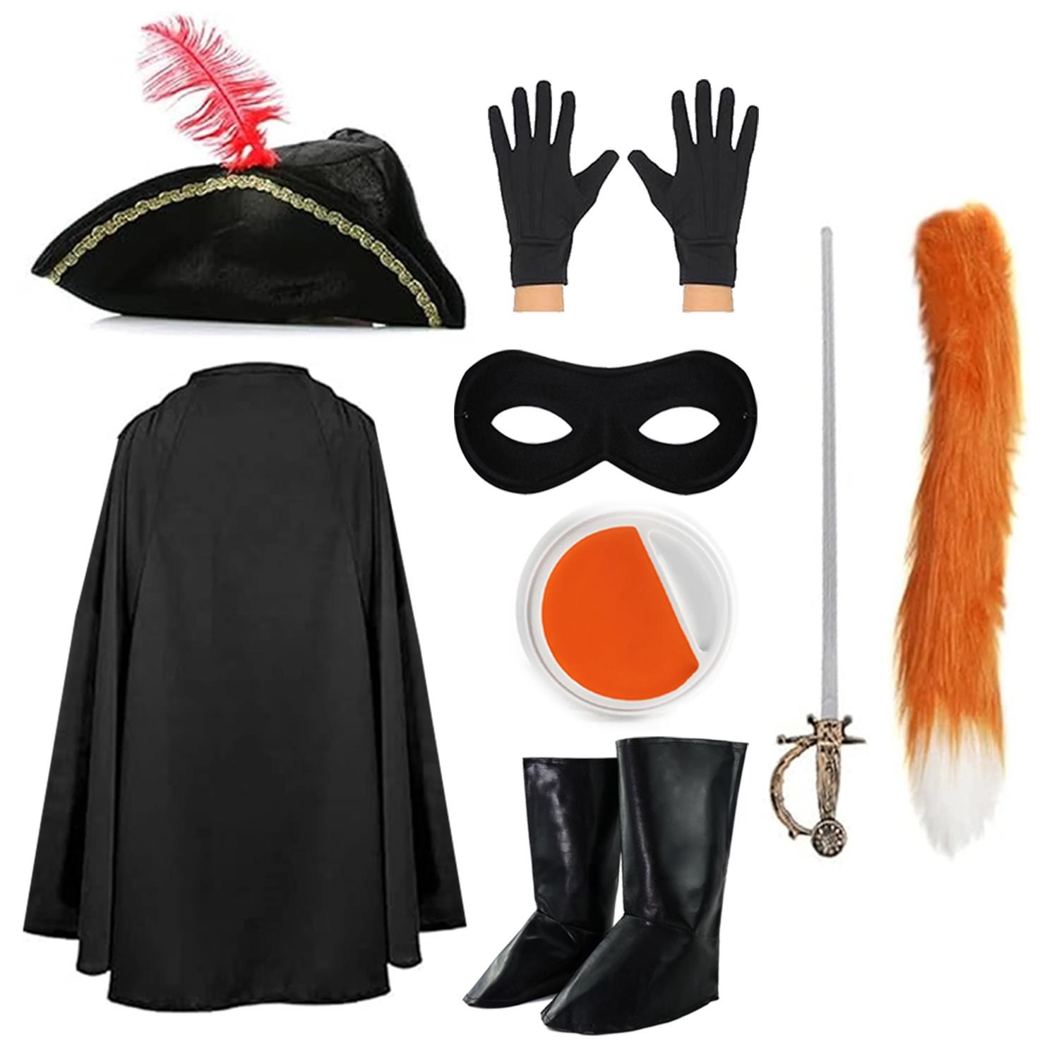 Child's Deluxe Cat Bandit Costume | 8 Pcs | Cape, Hat, Black Mask, Belt, Gloves, Sword, Thin Tail, Boot Covers & Orange Face Paint