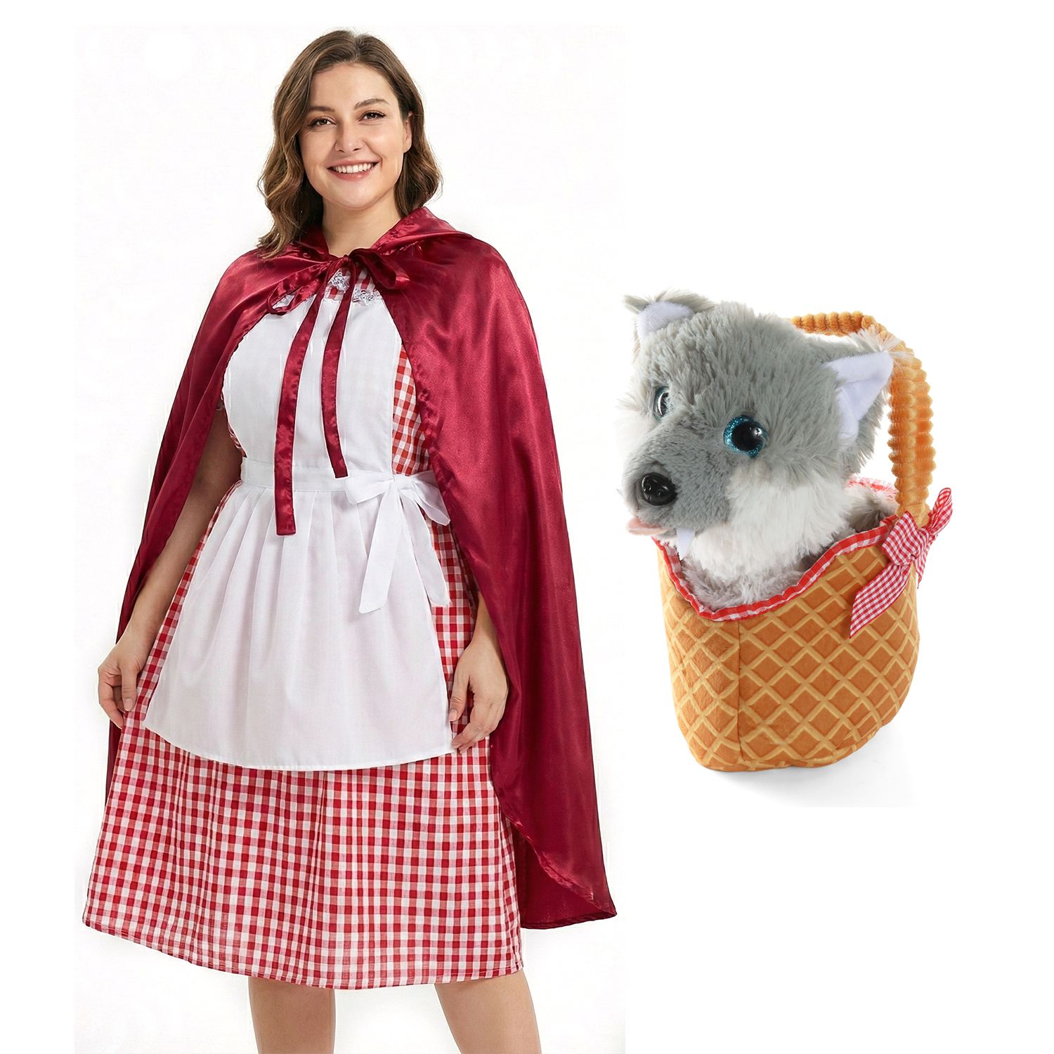 Ladies Little Red Riding Hood Costume | 5 Pcs | Dress, Apron, Cape, Soft Basket & Wolf