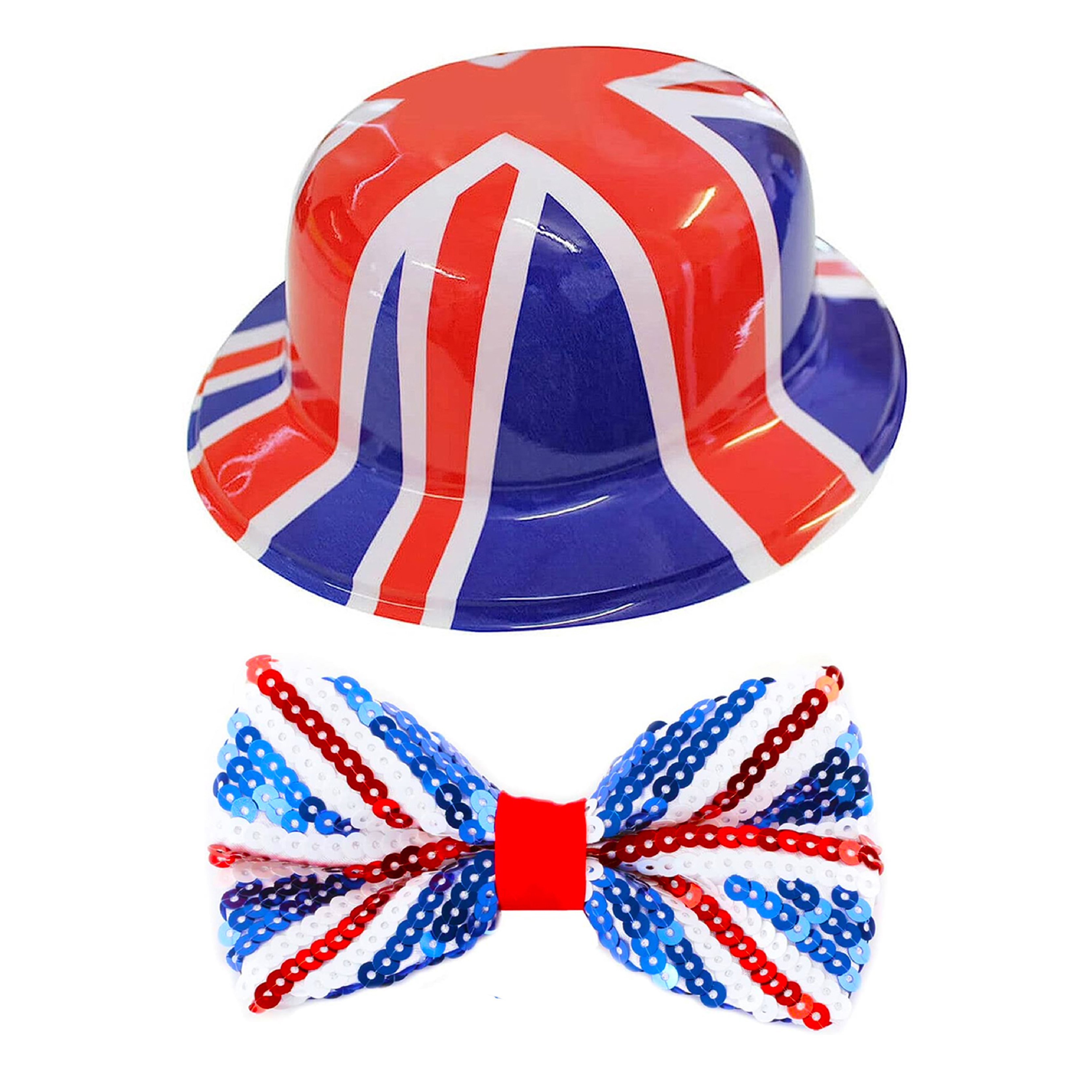 Union Jack Bowler Hat & Sequin Bow Tie Set