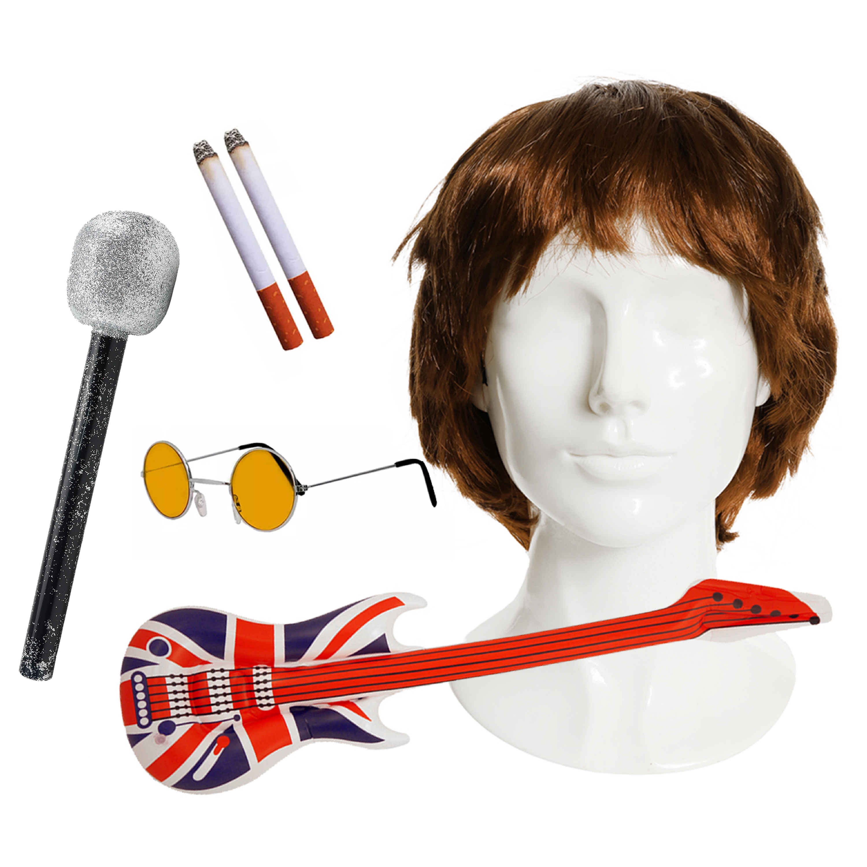 Liam Gallagher Accessory Set - Wig, Glasses, Guitar, Fake Cigs + Mic