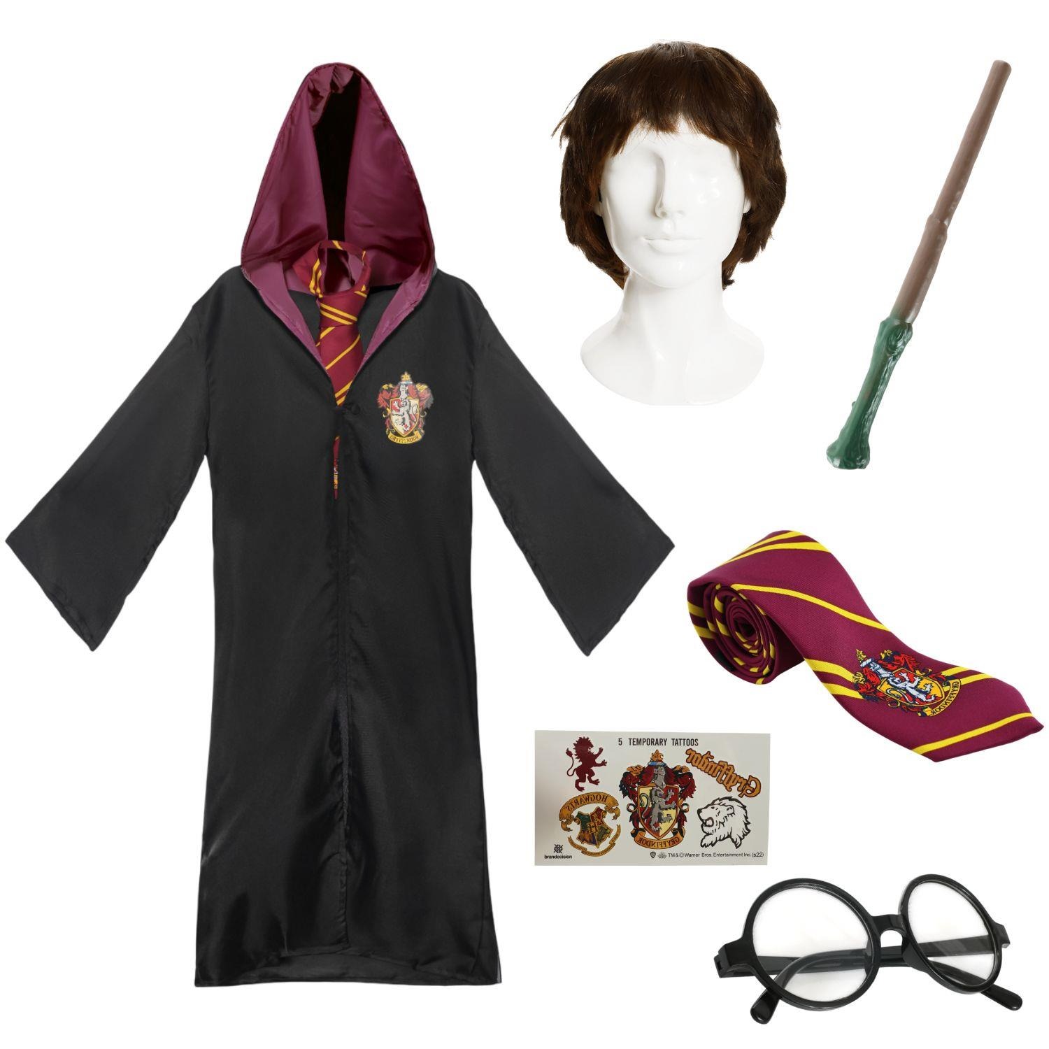 Adults Harry Potter Costume | 6 Pcs | Robe, Tie, Wig, Wand, Glasses & Tattoos