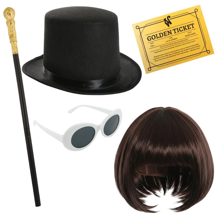Adults Chocolate Factory Boss Accessory Set | 5 Pcs | Hat, Wig, Glasses, Golden Ticket & Cane