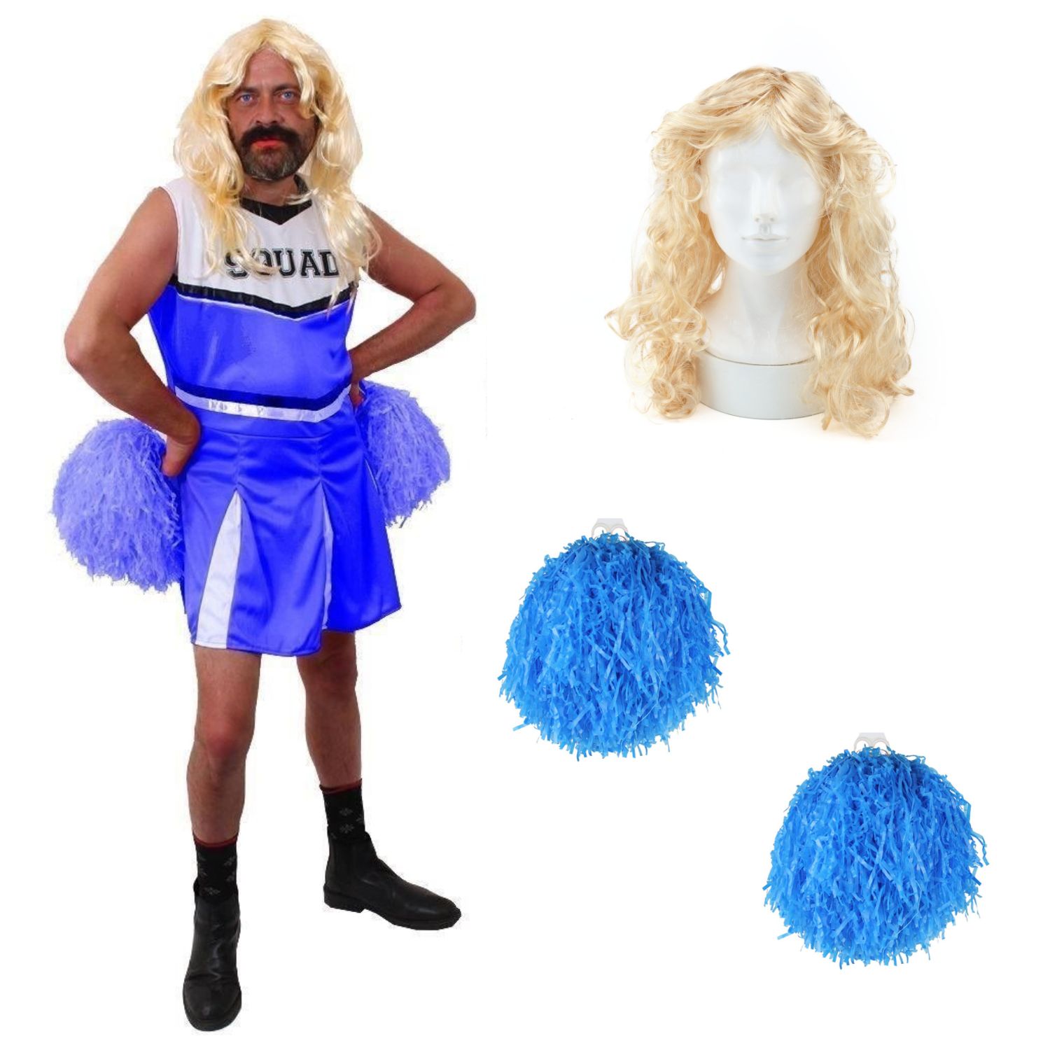 Mens Blue Cheerleader Stag Do Costume with Wig & Pom Poms