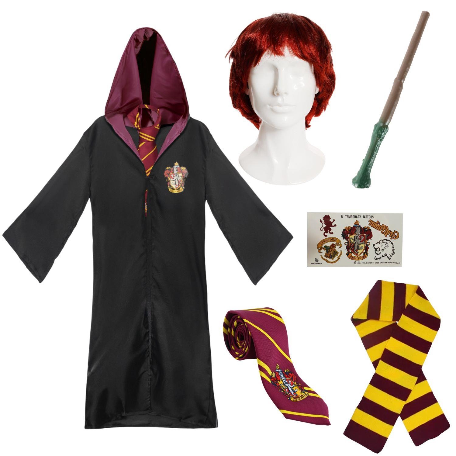 Adults Ron Costume | 6 Pcs | Robe, Tie, Wig, Wand, Tattoos & Scarf