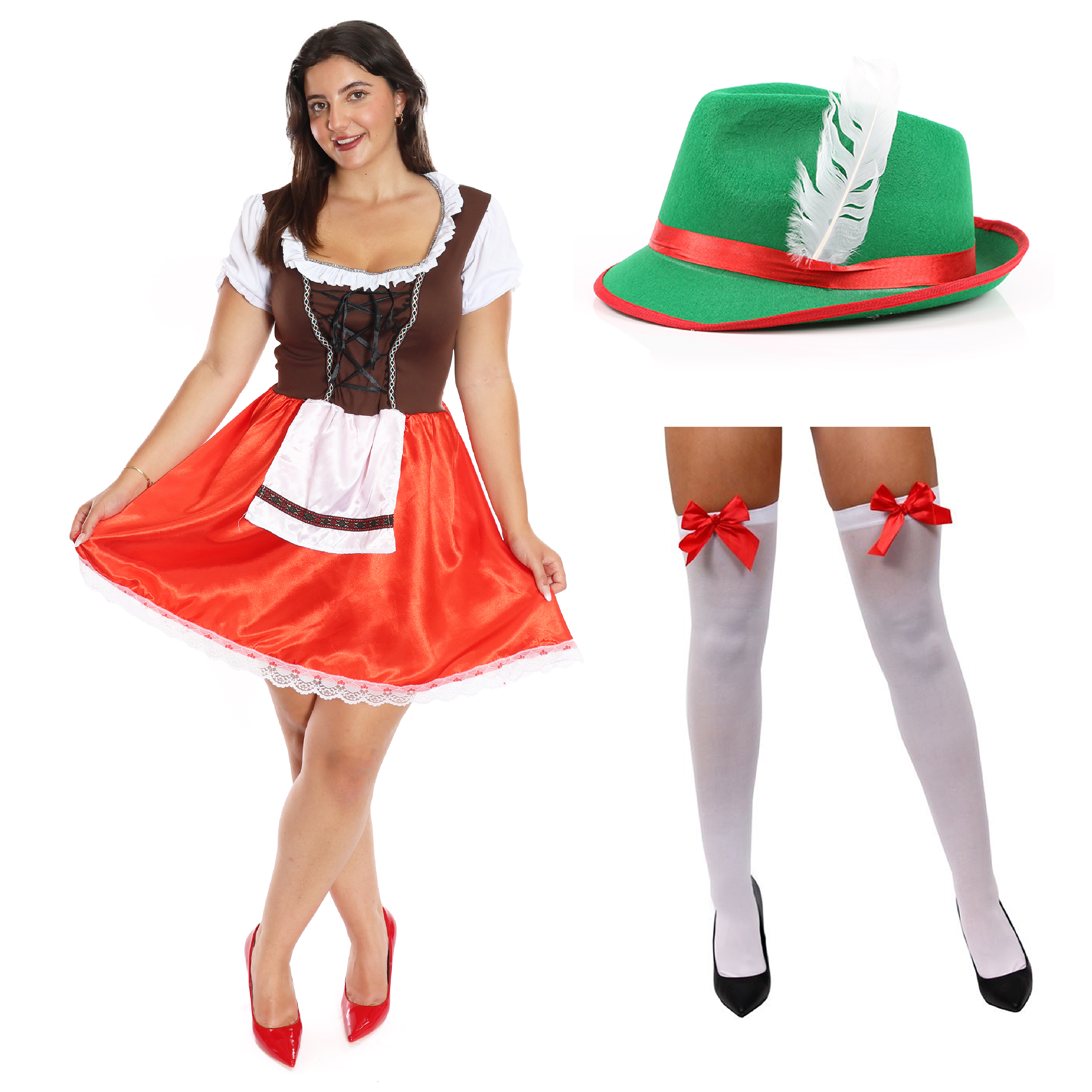 Ladies Brown and Red Bavarian Dress, Green Hat and Stockings