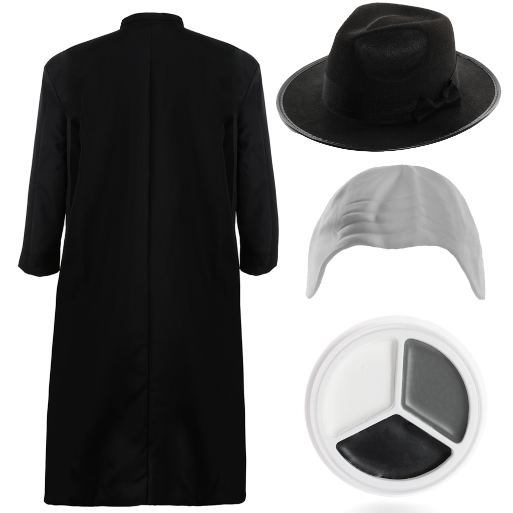 Adults Bald Festering Uncle Costume | 4 Pcs | Black Jacket, Hat, White Bald Cap & Face Paint