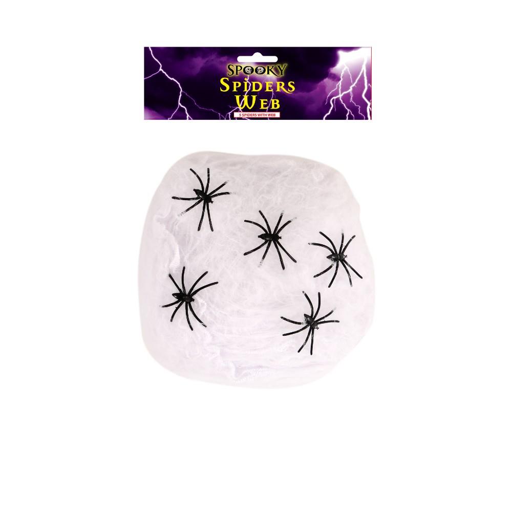 Spider Web Decoration with 5 Plastic Spiders – Stretchable Creepy Halloween Decor
