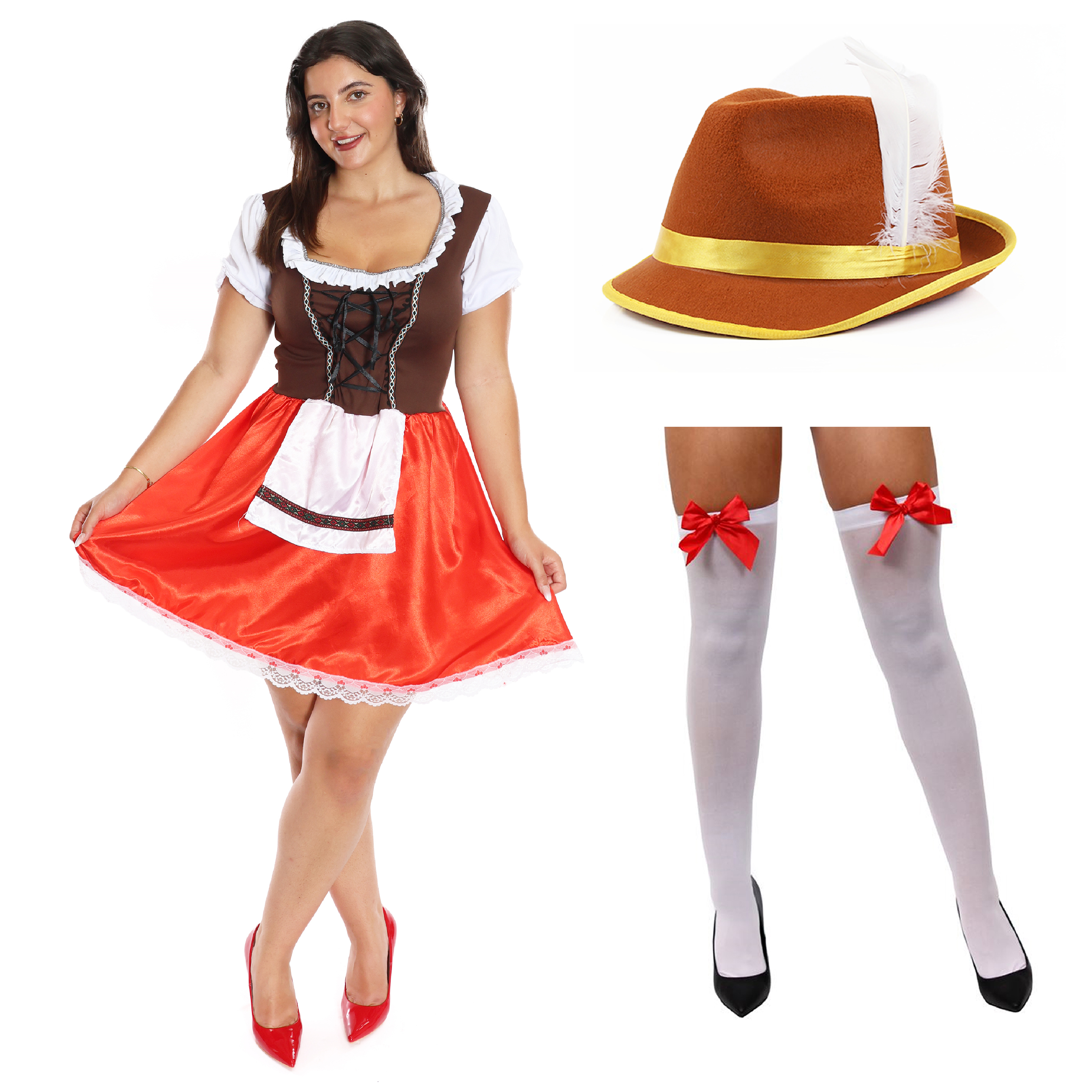 Ladies Brown and Red Bavarian Dress, Brown Hat and Stockings