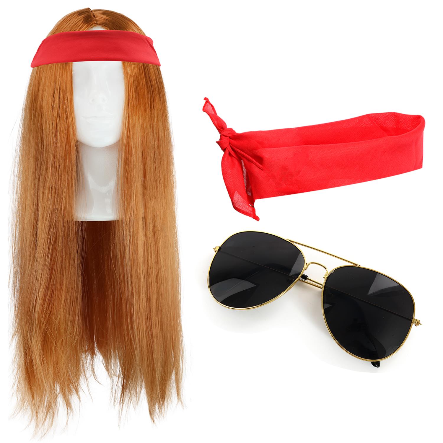 Axl Rose Inspired Accessory Set | 3 Pcs | Ginger Wig, Red Bandana & Glasses