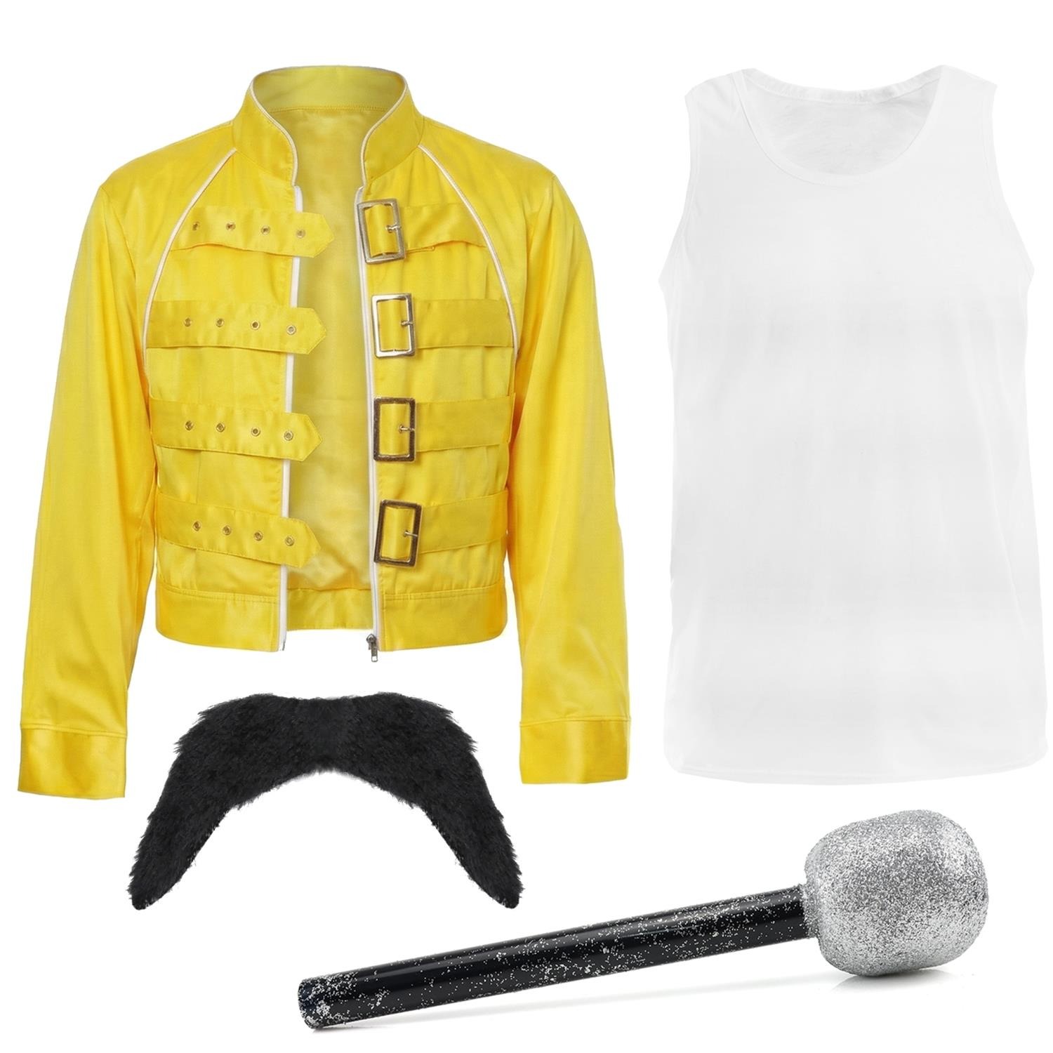Adults 80's Rock Star Costume | 4 Pcs | Yellow Jacket, Vest, Tash, & Mic