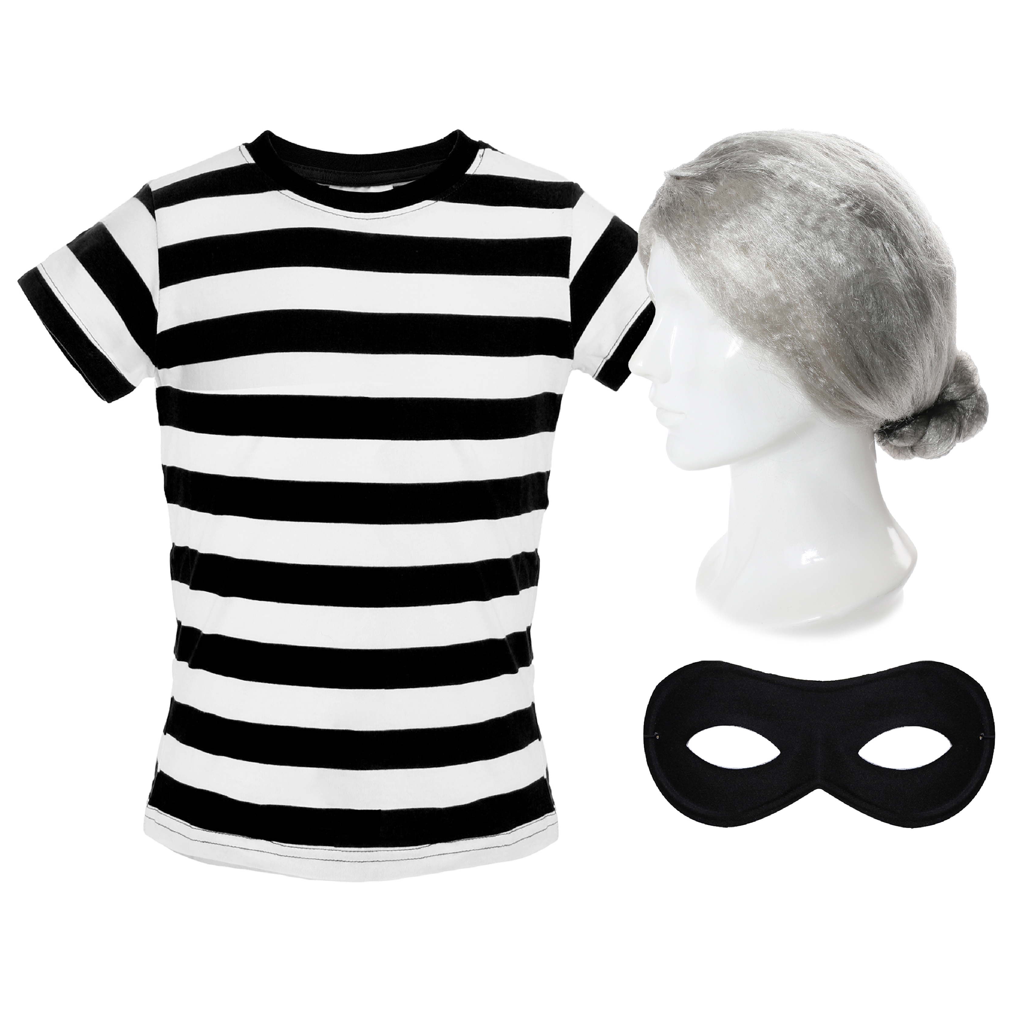Adults Grandma Burglar Costume - Short Sleeve Top, Grey Bun Wig & Mask