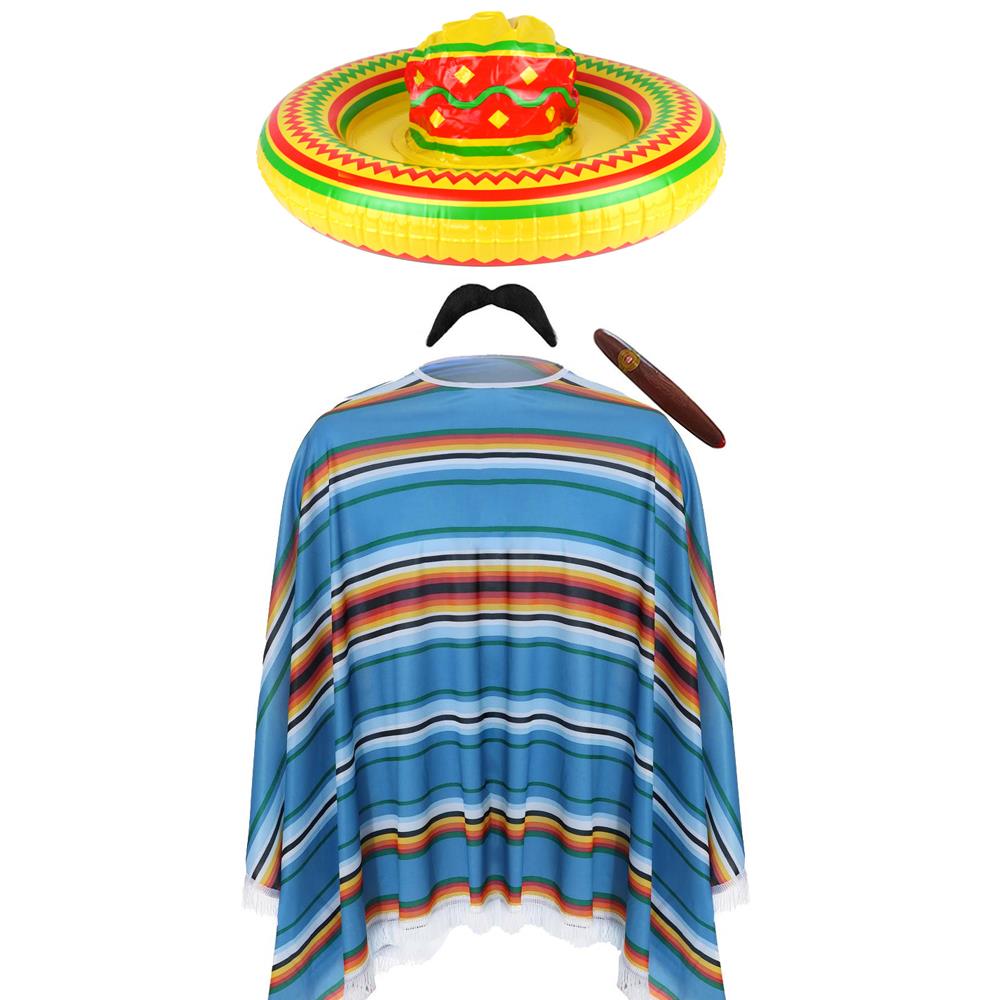 Adults Mexican Costume | 4 Pcs | Inflatable Sombrero, Moustache, Cigar & Blue Poncho