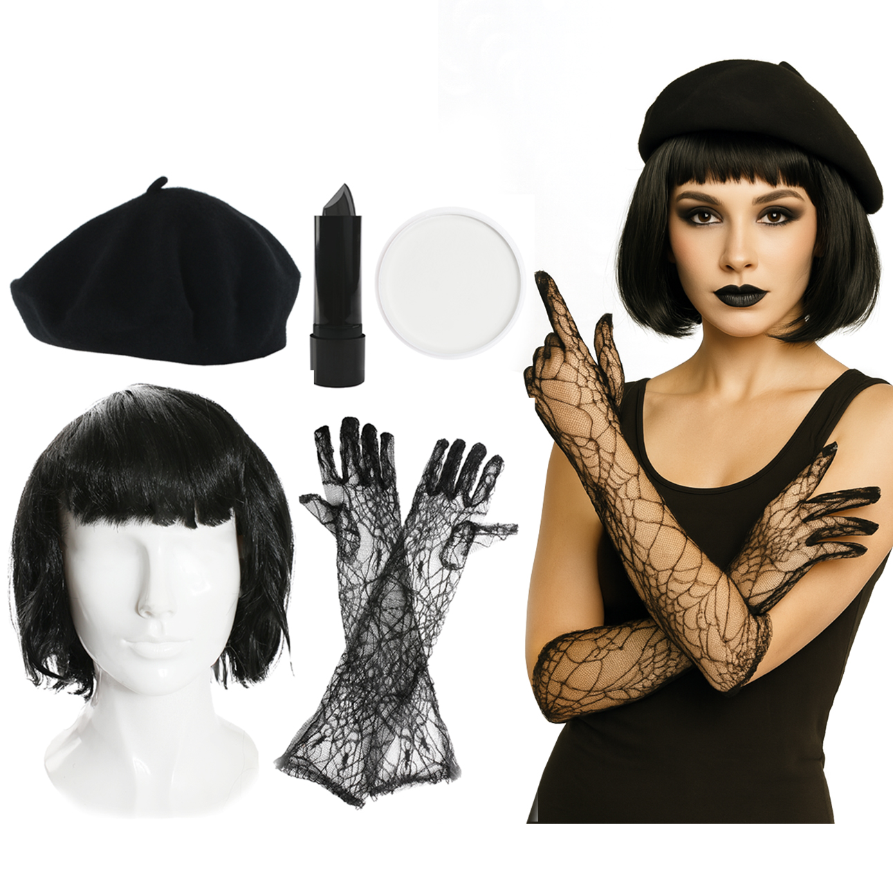 Giant Peach Spider Lady Costume | 5 Pcs | Beret, Wig, Gloves, Lipstick & Face Paint
