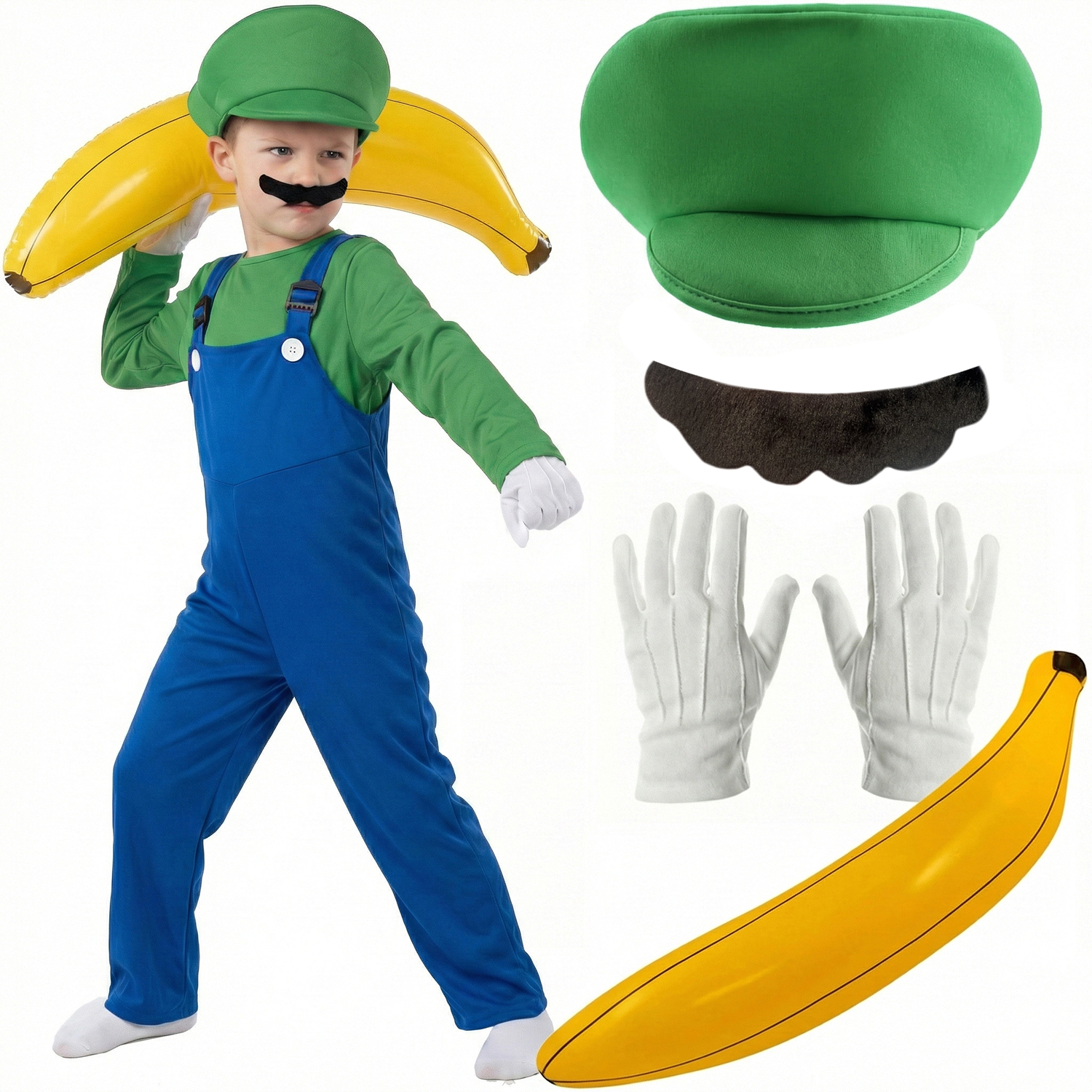 Kids Green Super Workman Costume | 6 Pcs | Dungarees, Top, Hat, Gloves, Tash & Inflatable Banana