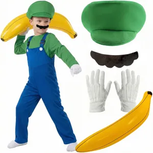 Kids Green Super Workman Costume | 6 Pcs | Dungarees, Top, Hat, Gloves, Tash & Inflatable Banana