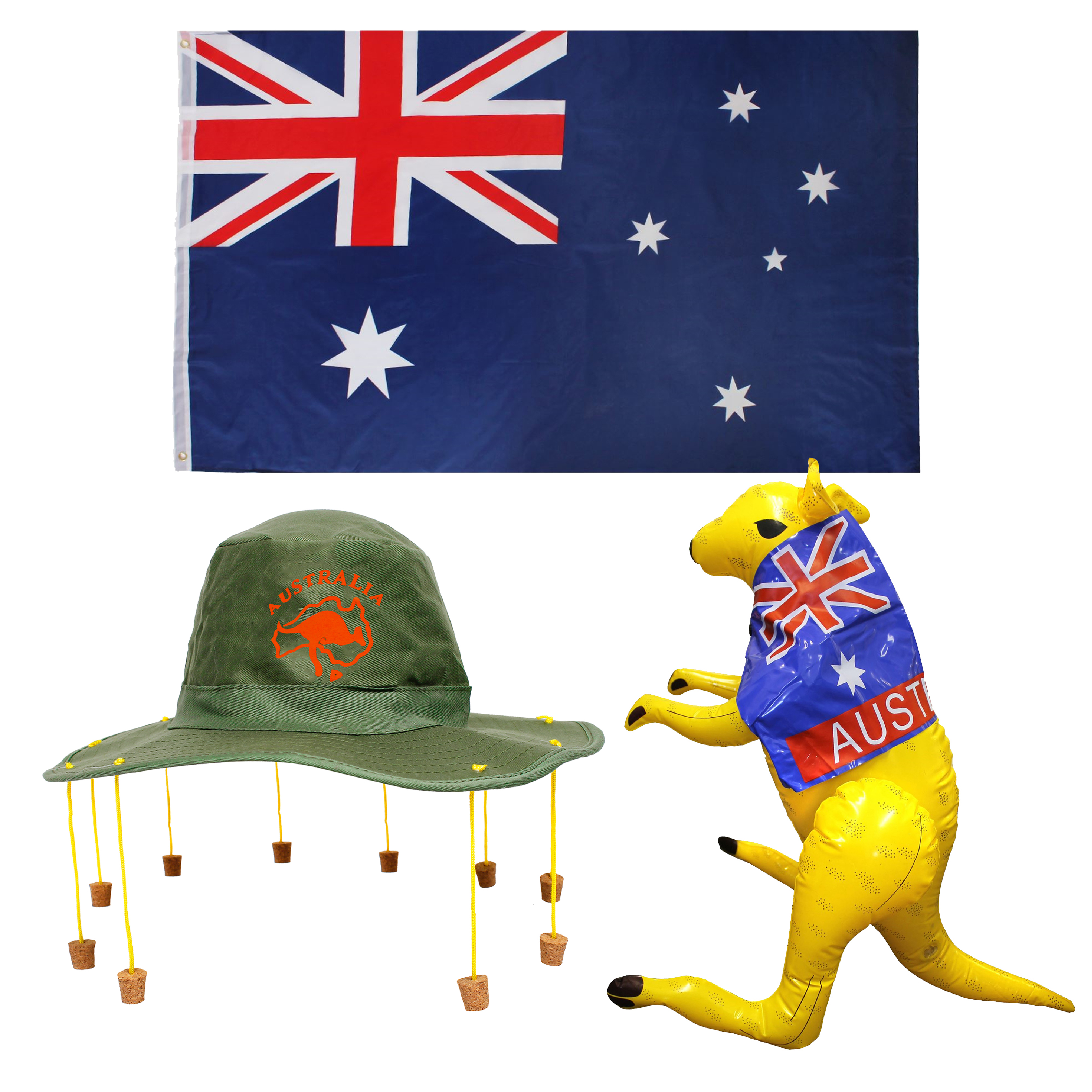 5ft X 3ft Australian Flag, Kangaroo Cork Hat & Inflatable Kangaroo
