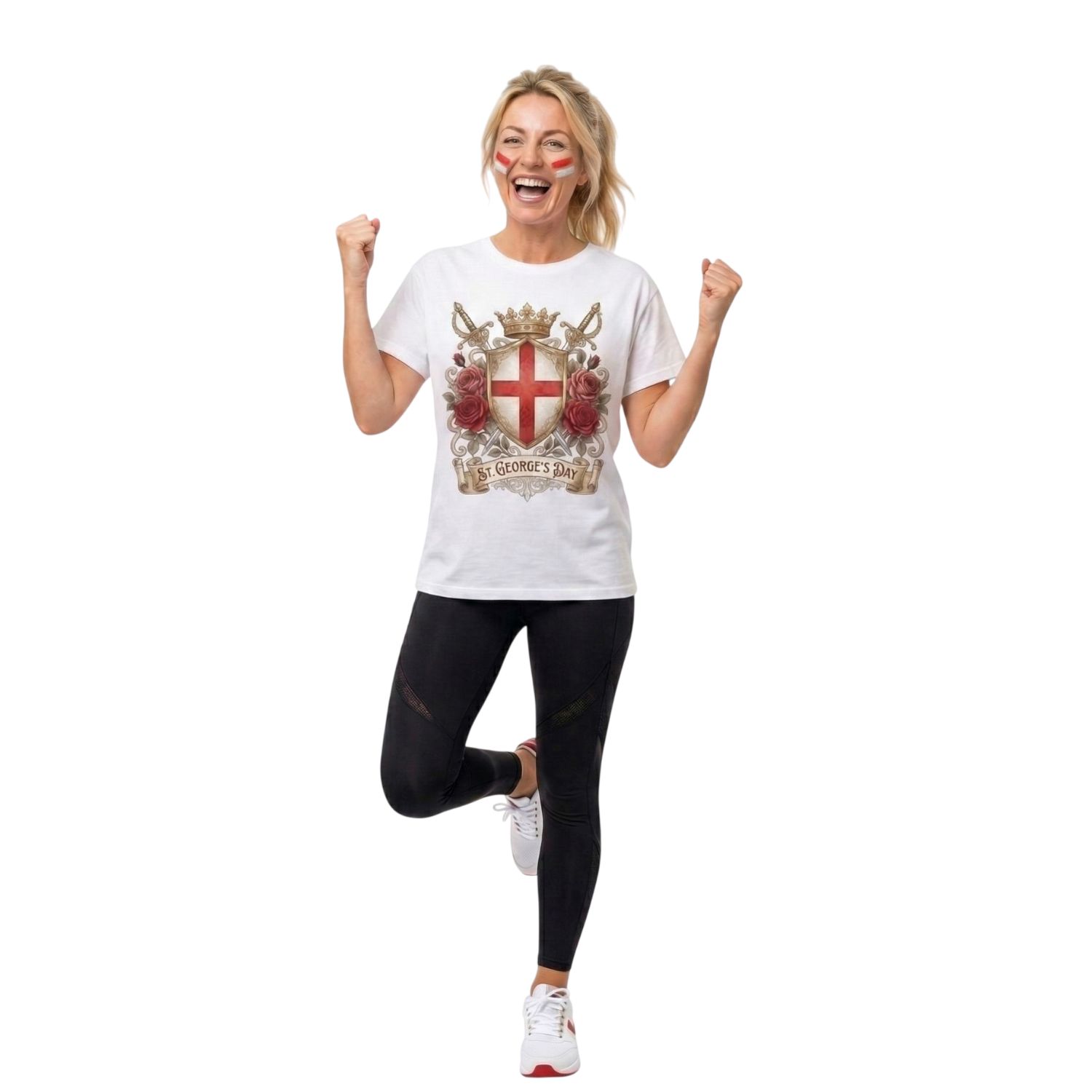 Ladies St George’s Day T-Shirt with Face Paint | White England Shield & Rose Graphic Tee | Patriotic Celebration Top