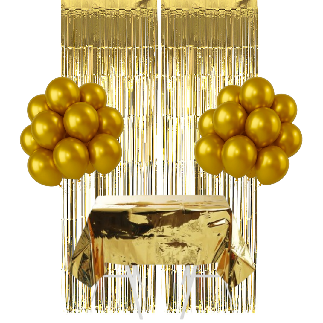 Gold Party Decoration Set - Balloons, Table Cover & 2 X Foil Curtains
