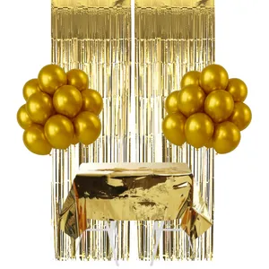 Gold Party Decoration Set - Balloons, Table Cover & 2 X Foil Curtains
