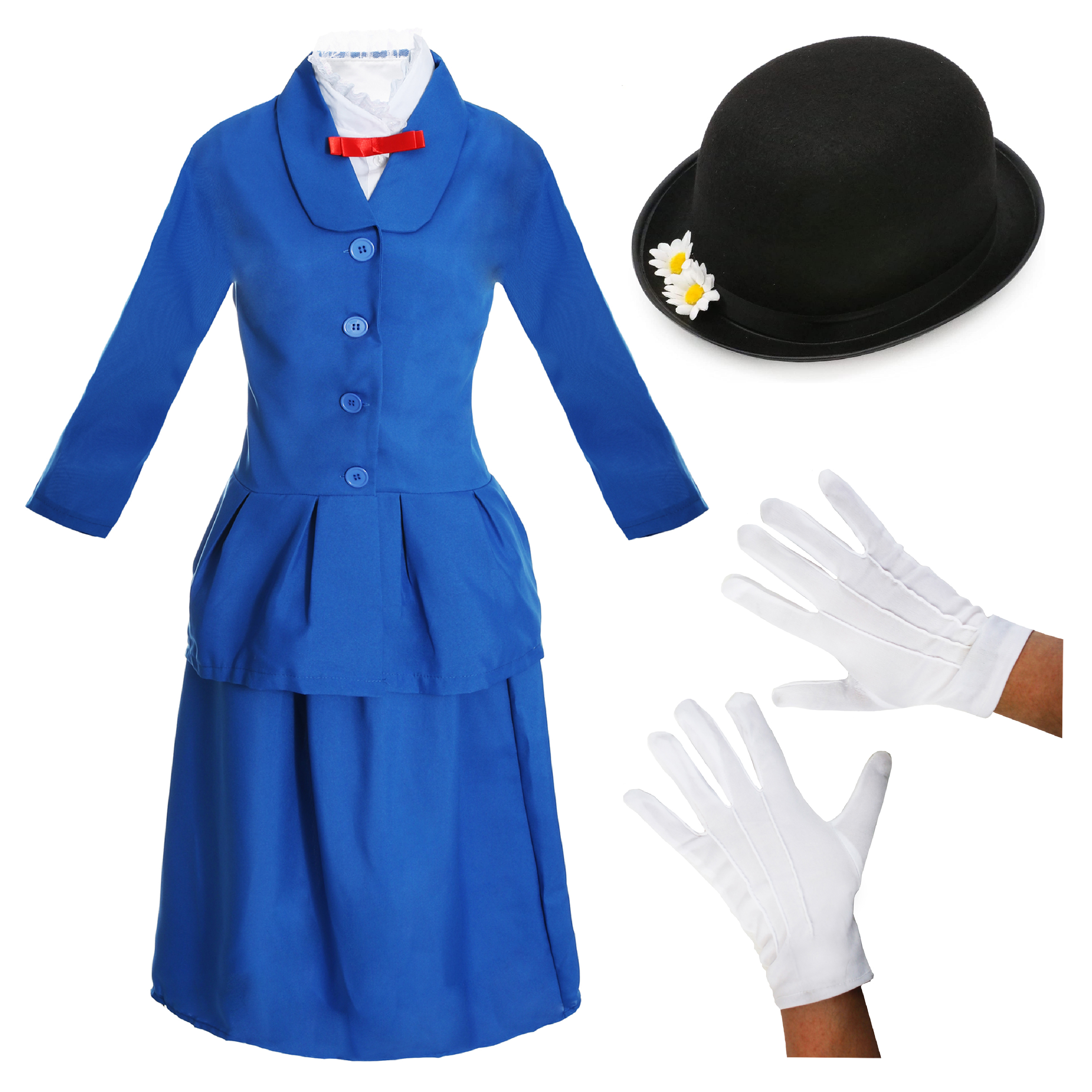 Ladies Magical Nanny Costume - with Flower Bowler Hat & White Gloves