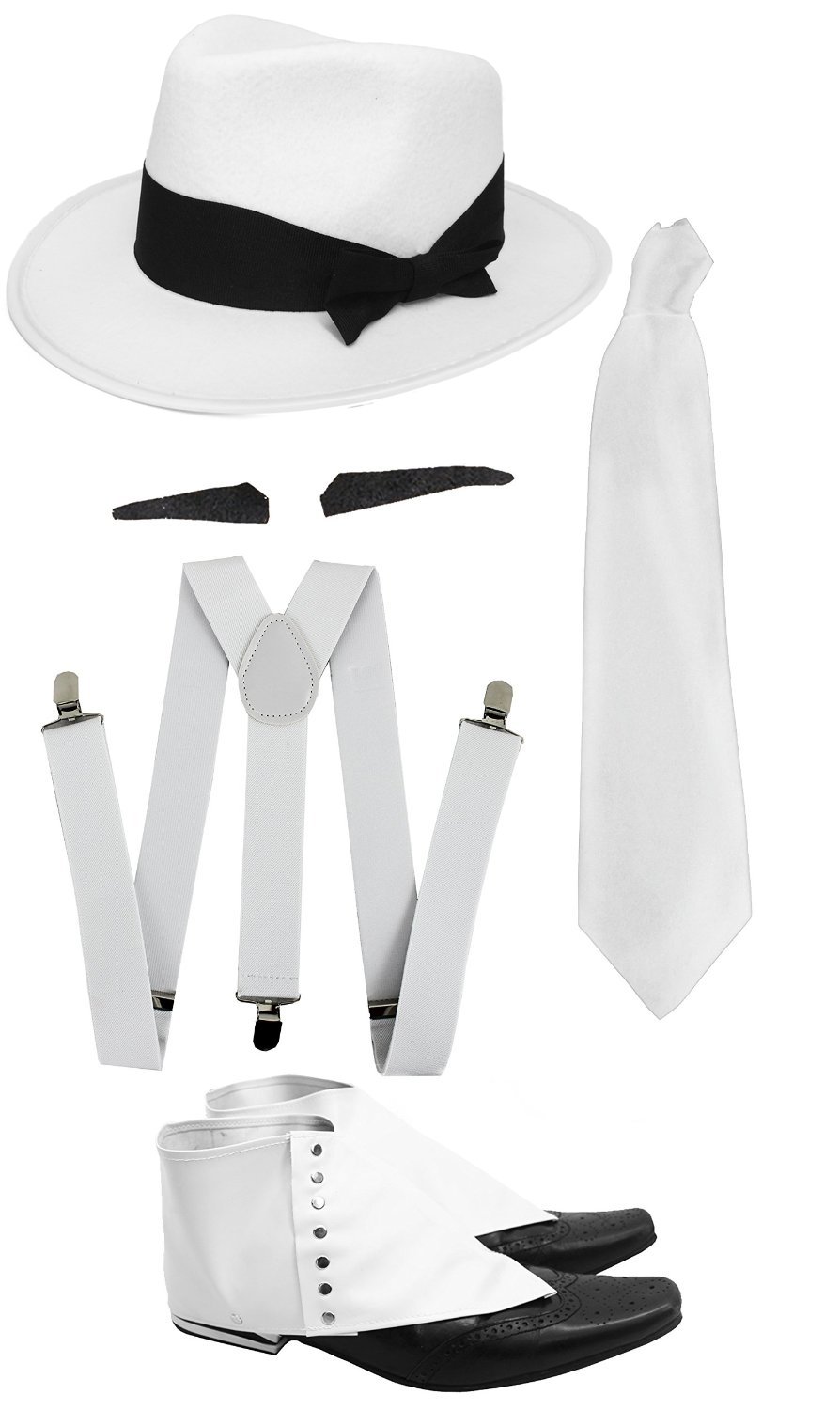 Gangster Set- White Trilby Hat, Tie, Braces, Spiv and Spats