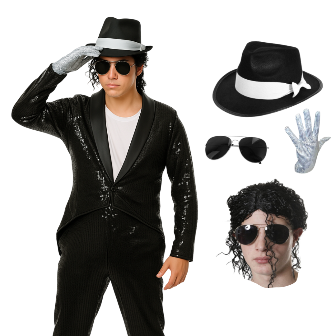Adults King of Pop Costume | 5 Pcs | Sequin Tailcoat, Hat, Wig, Glasses & Gloves