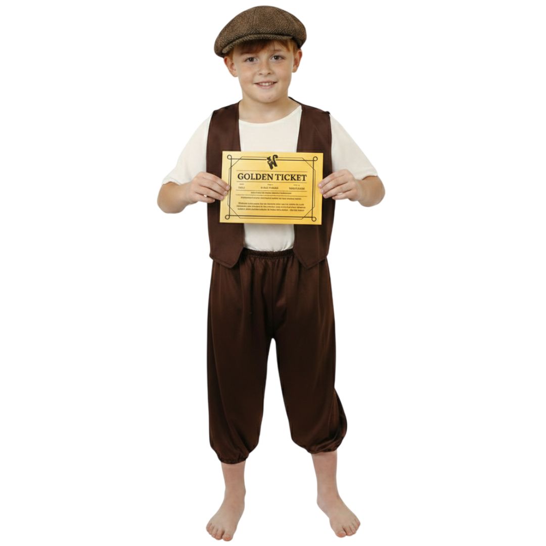 Boys Poor Golden Ticket Winner Costume | 5 Pcs | Top, Waistcoat, Trousers, Flat Cap & Golden Ticket