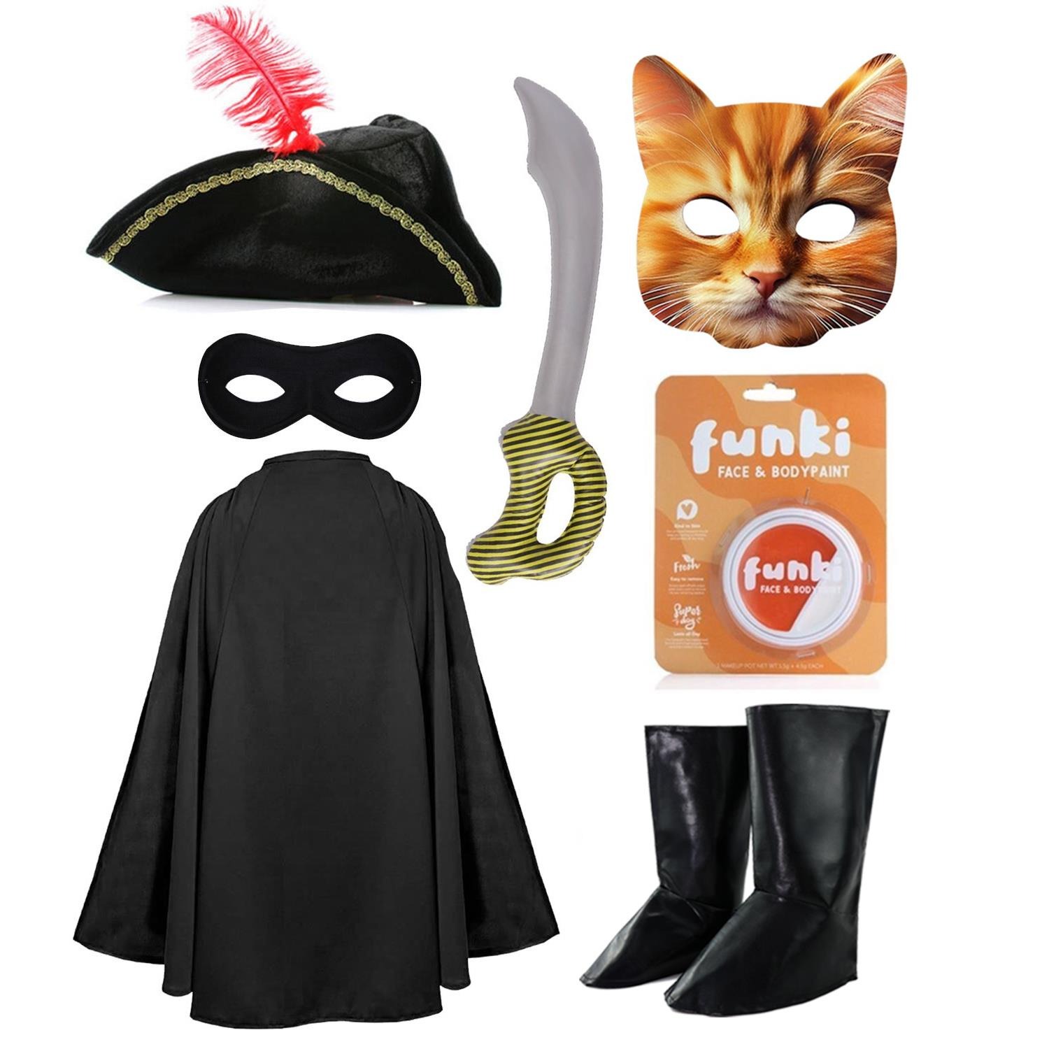 Childs Cat Bandit Costume | 7 Pcs | Cape, Hat, Black Mask, Cat Mask, Inflatable Sword, Boot Covers, Orange & White Face Paint