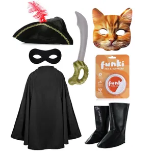 Childs Cat Bandit Costume | 7 Pcs | Cape, Hat, Black Mask, Cat Mask, Inflatable Sword, Boot Covers, Orange & White Face Paint