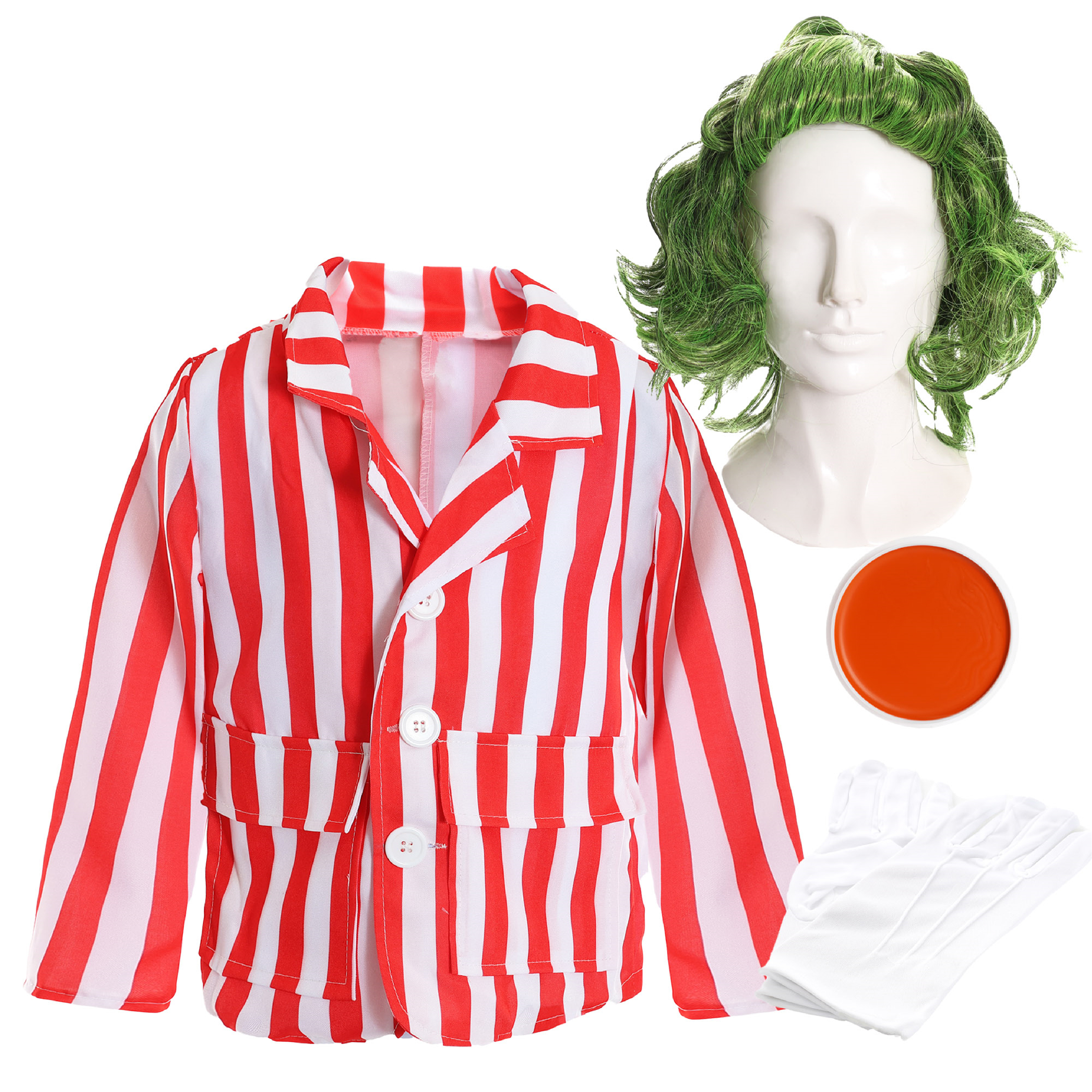 Childs Chocolate Factory Worker Costume - Striped Jacket, Wig, Face Paint & Gloves