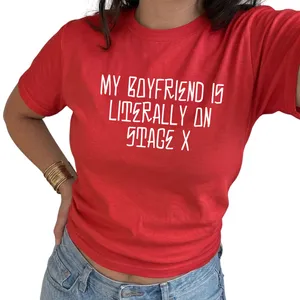 Ladies Pop-Inspired Concert T-Shirt | Red Baby Tee | "My Boyfriend is Literally on Stage X" Print