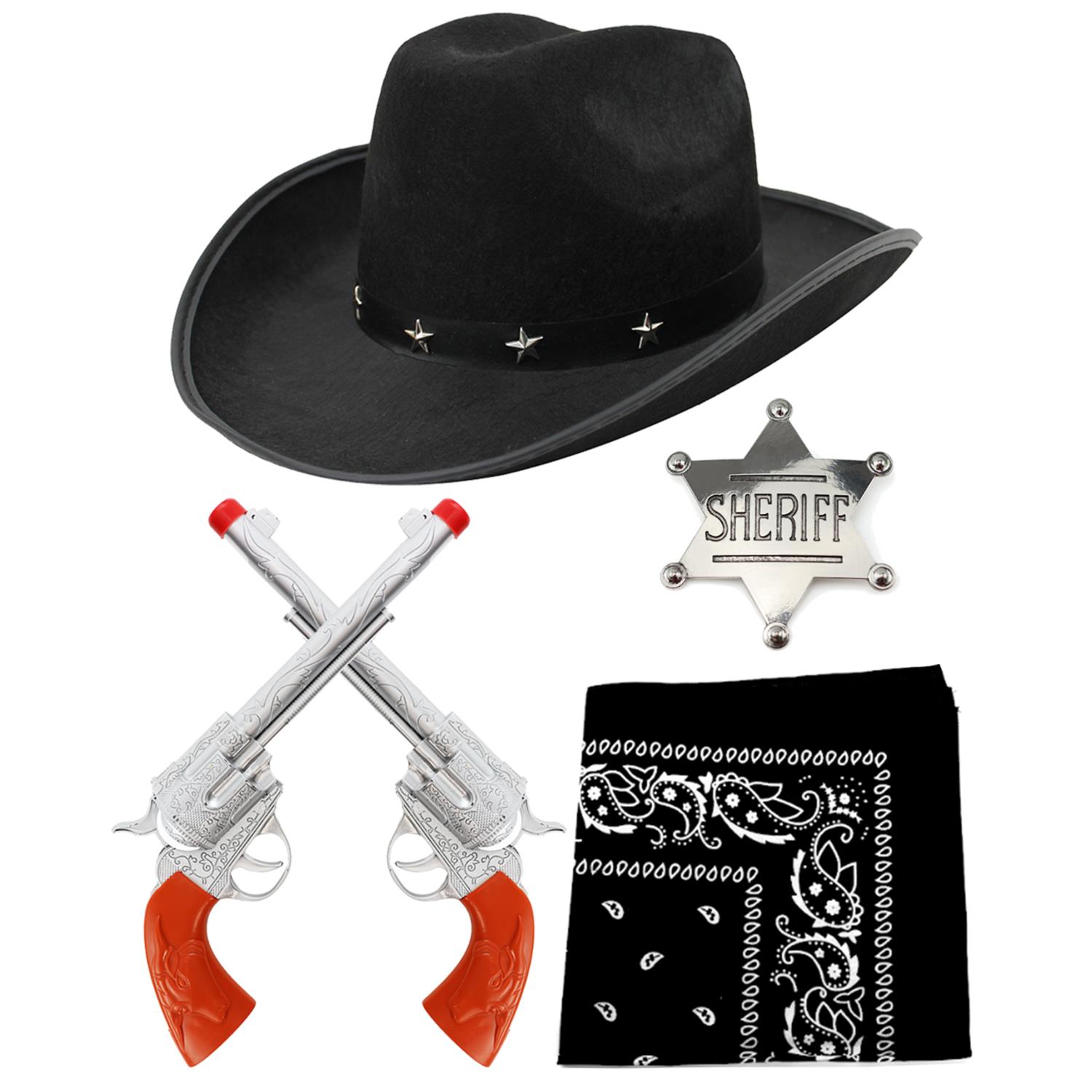 Adults Cowboy Accessory Set | 4 Pcs | Black Studded Hat, Plastic Pistols, Bandana & Badge