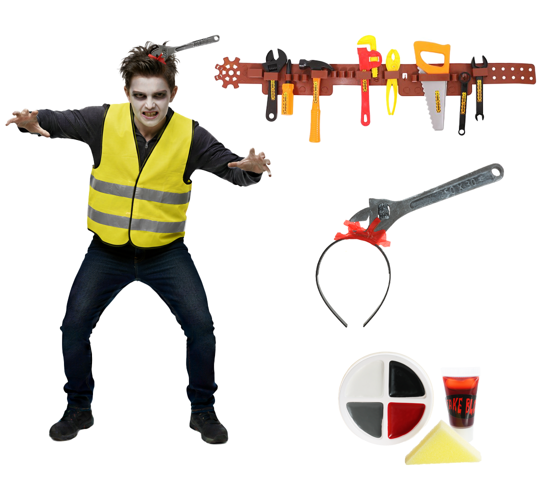 Kids Zombie Builder Costume | 13 Pcs | Yellow Hi-Vis Vest, 10 Pcs Tool Belt, Spanner Headband & Face Paint