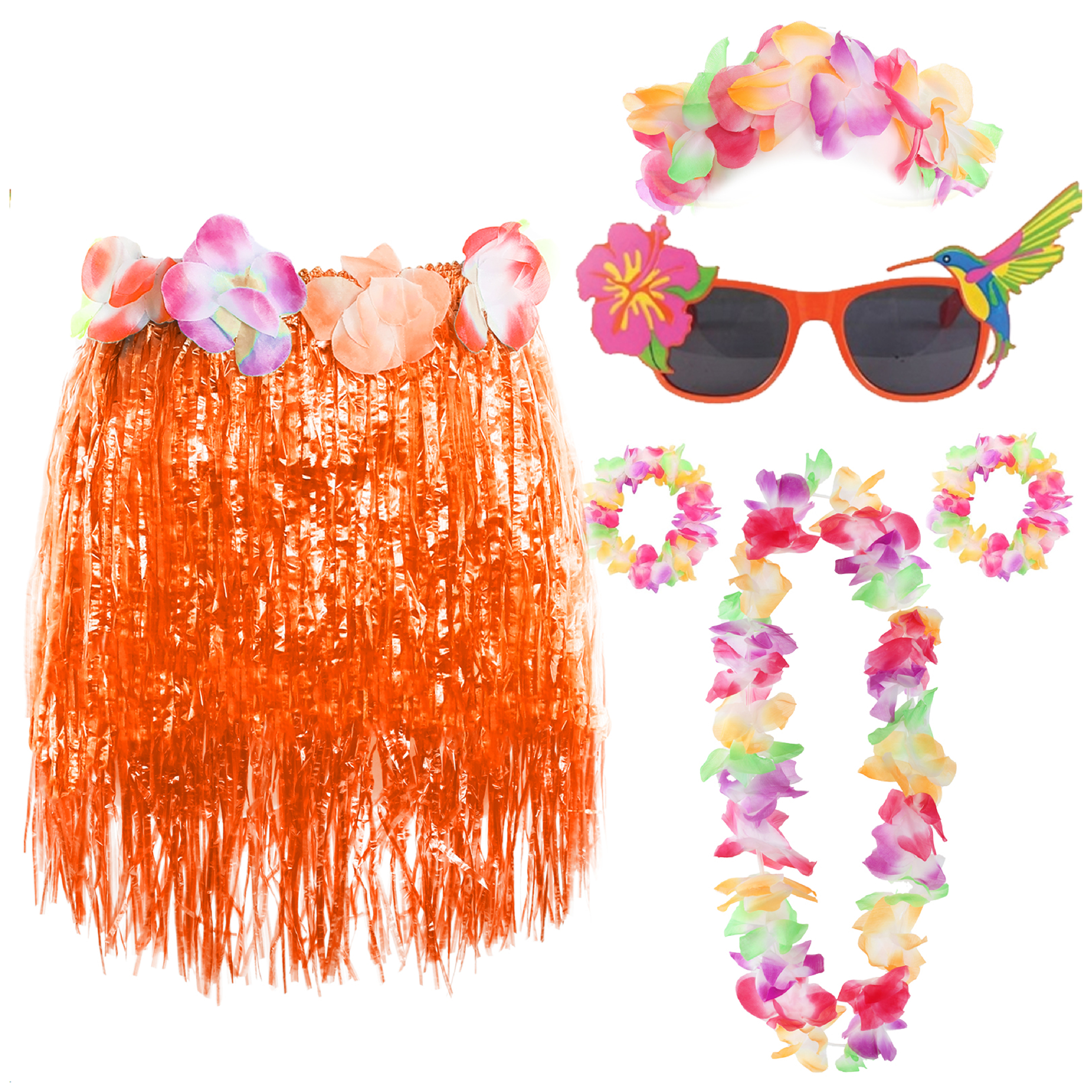 Orange Hula Skirt with Flower Lei & Glasses Set
