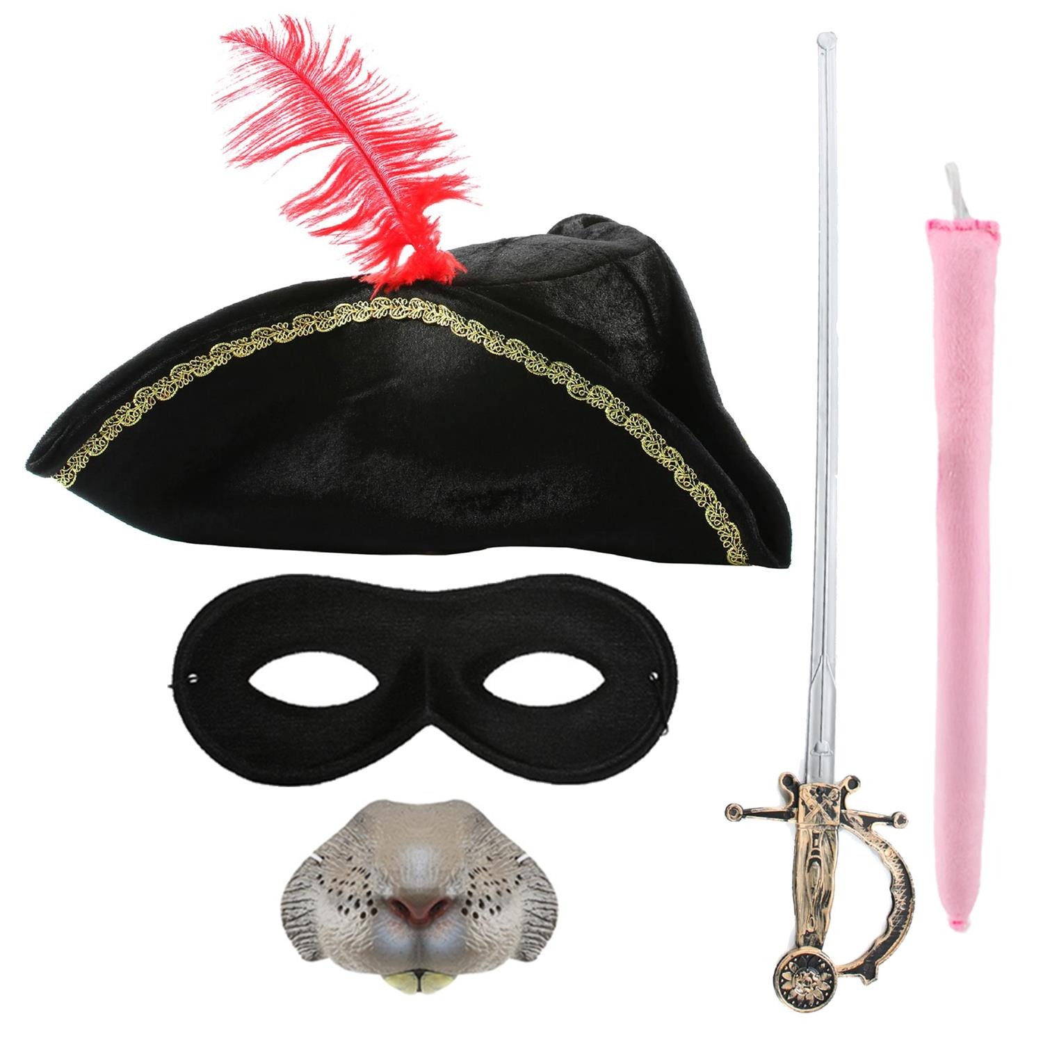 Childs Highway Rodent Accessory Set | 5 Pcs | Feather Tricorn Hat, Nose, Mask, Sword & Tail