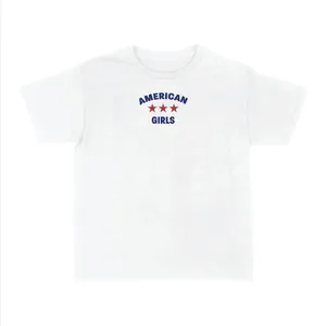 Ladies Pop-Inspired Concert T-Shirt | White Baby Tee | "American Girls" Navy Blue with Stars Print