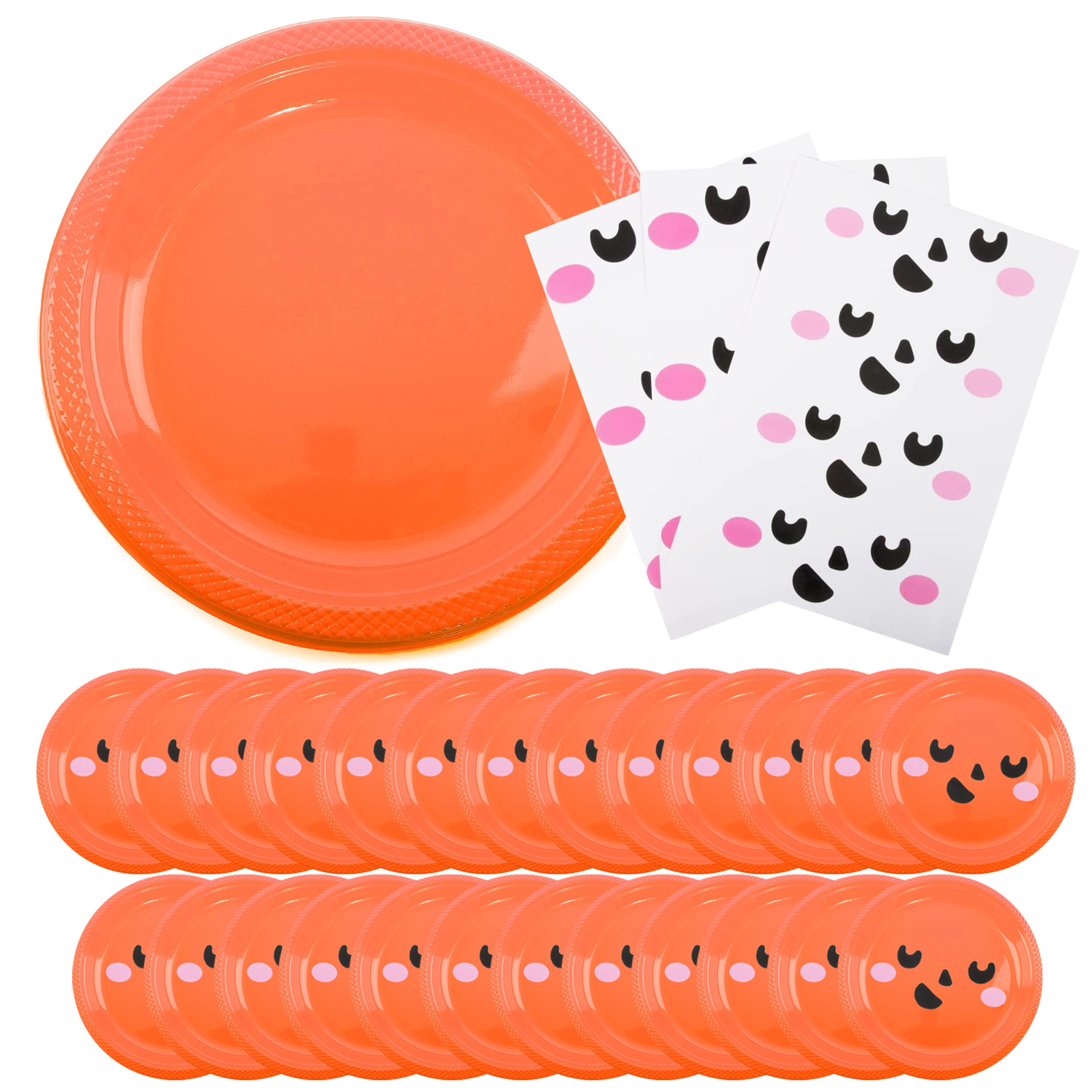25 Pack Orange Plastic Plates with 30 Pumpkin Face Stickers – DIY Halloween Pumpkin Craft Kit for Kids