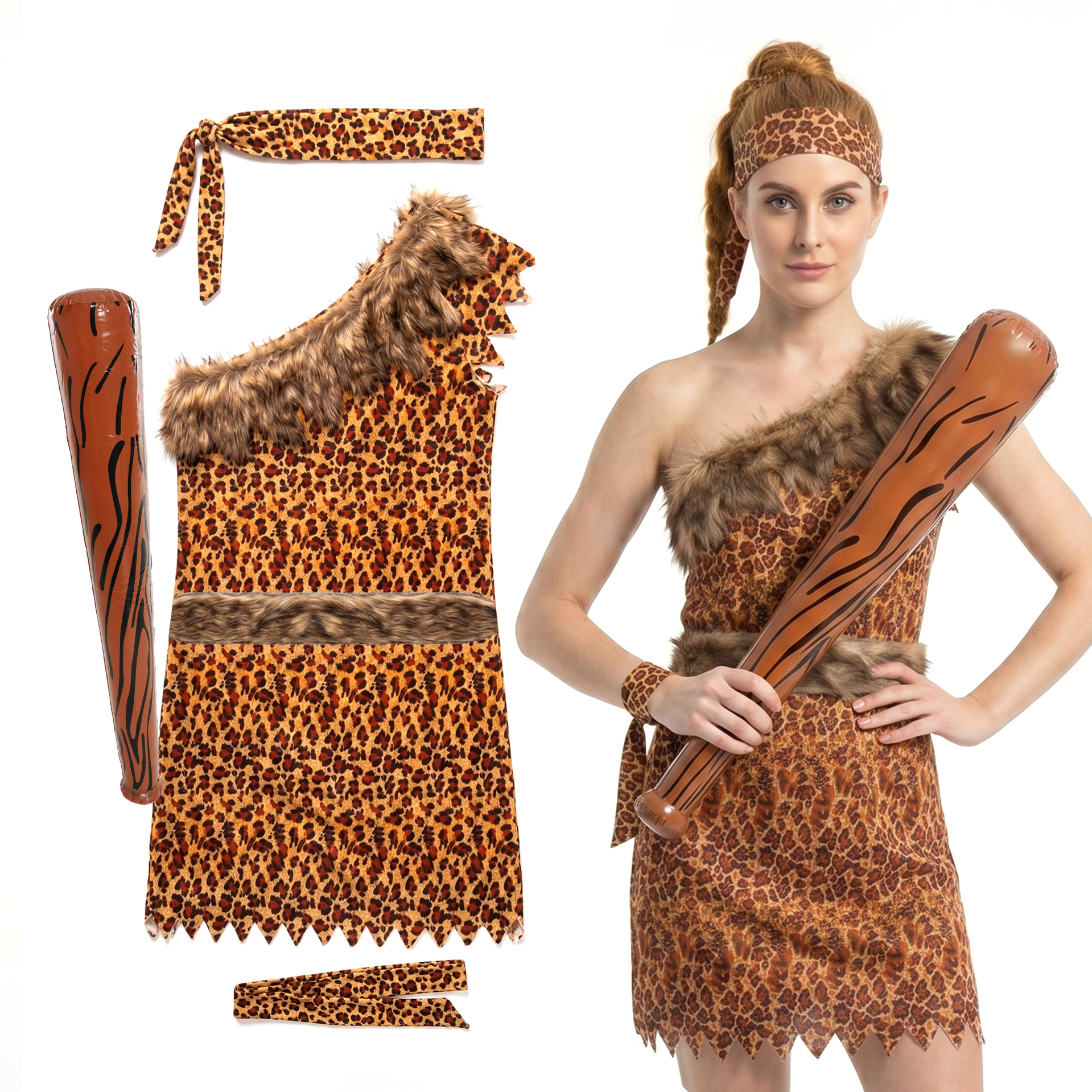 Ladies Caveman Costume | 4 Pcs | Tunic, Belt, Headband, Armband & Inflatable Club