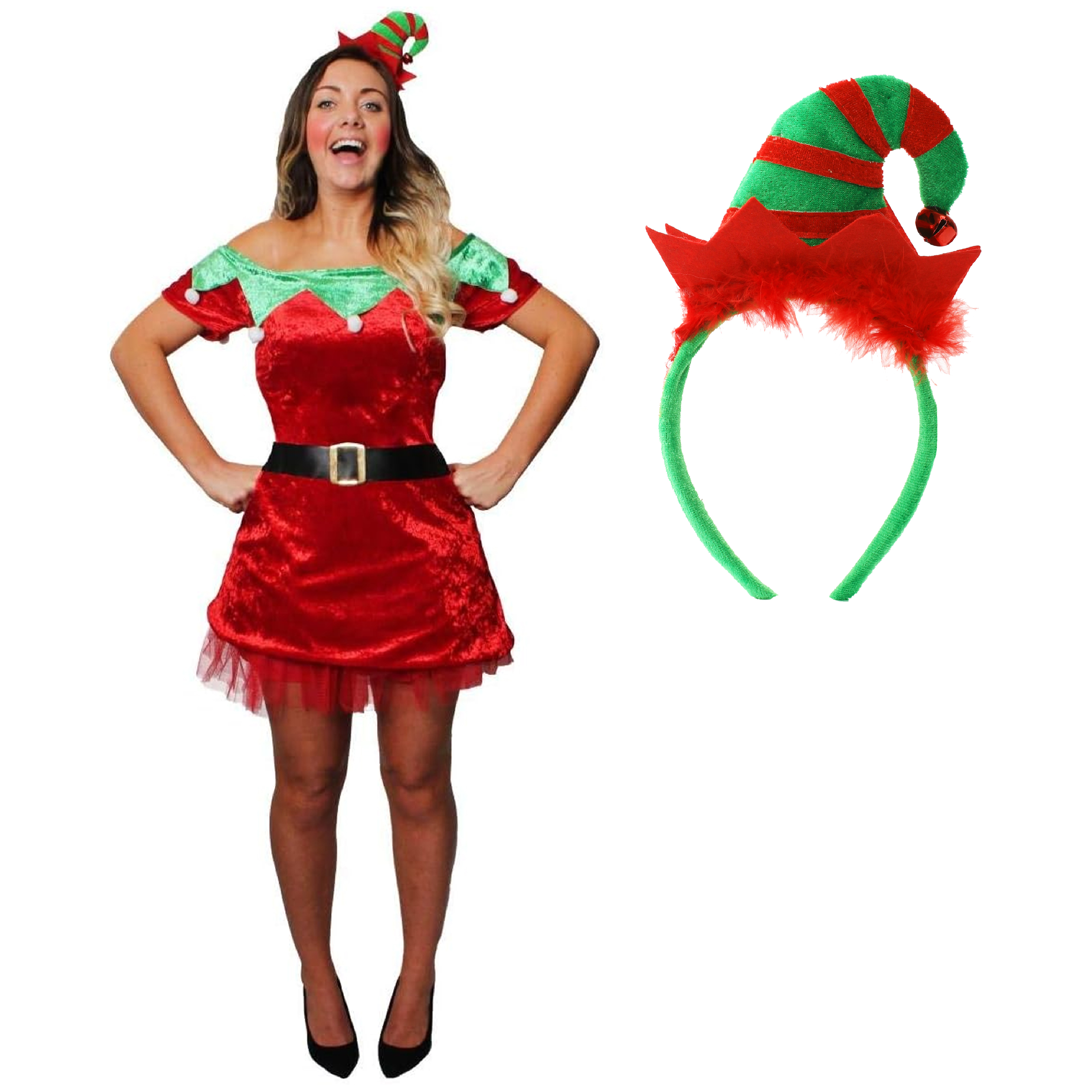 Ladies off the Shoulder Velour Elf Dress with Underskirt & Headband