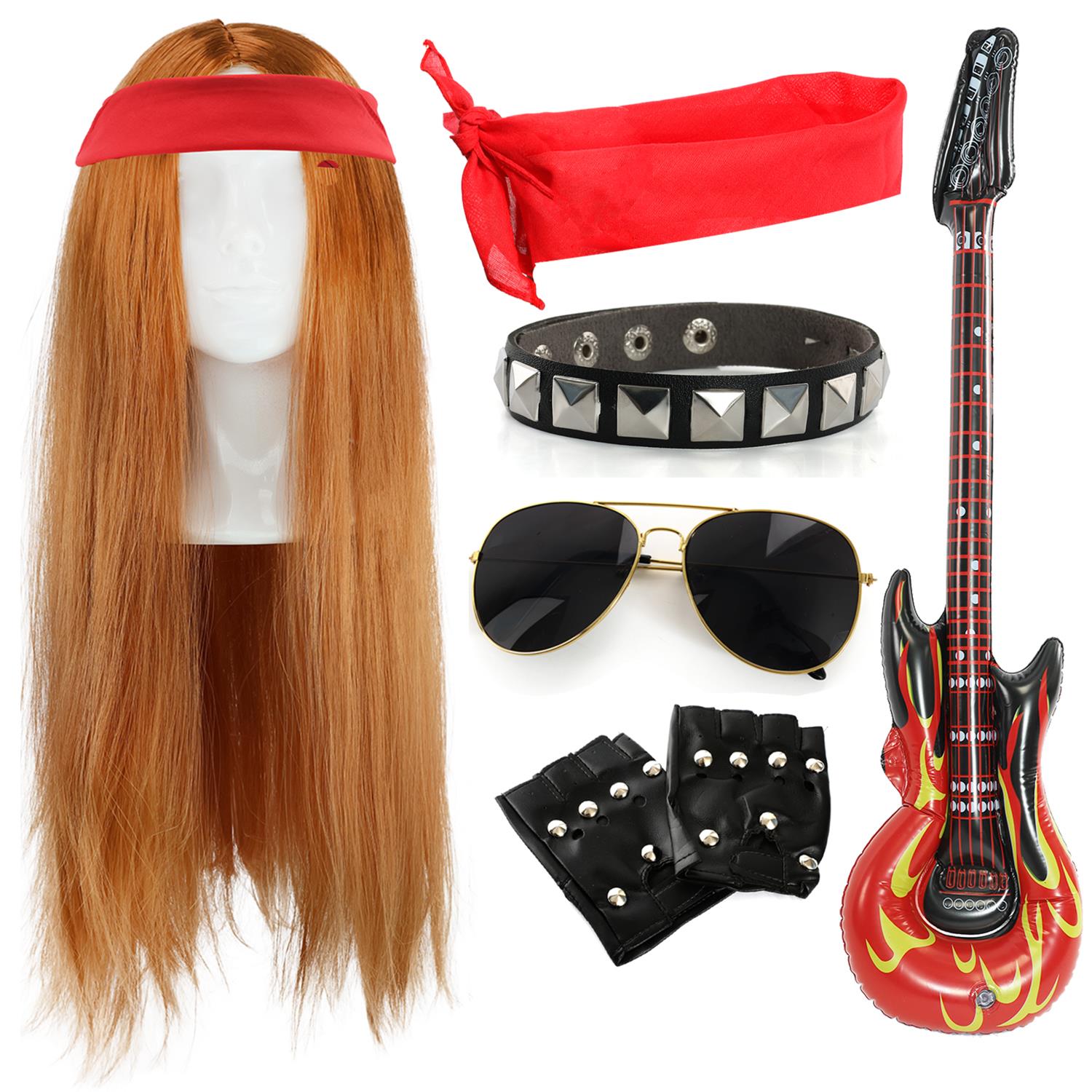 Axl Rose Inspired Accessory Set | 6 Pcs | Ginger Wig, Red Bandana, Gloves, Inflatable Guitar, Glasses & Arm Band