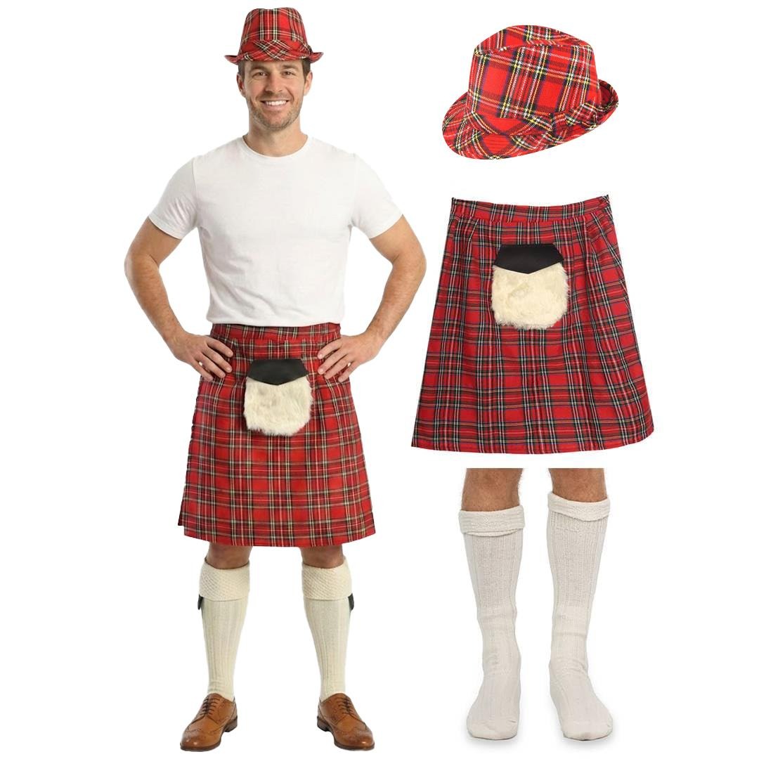 Adults Scottish Costume Set | 3 Pcs | Kilt, Hat & Socks
