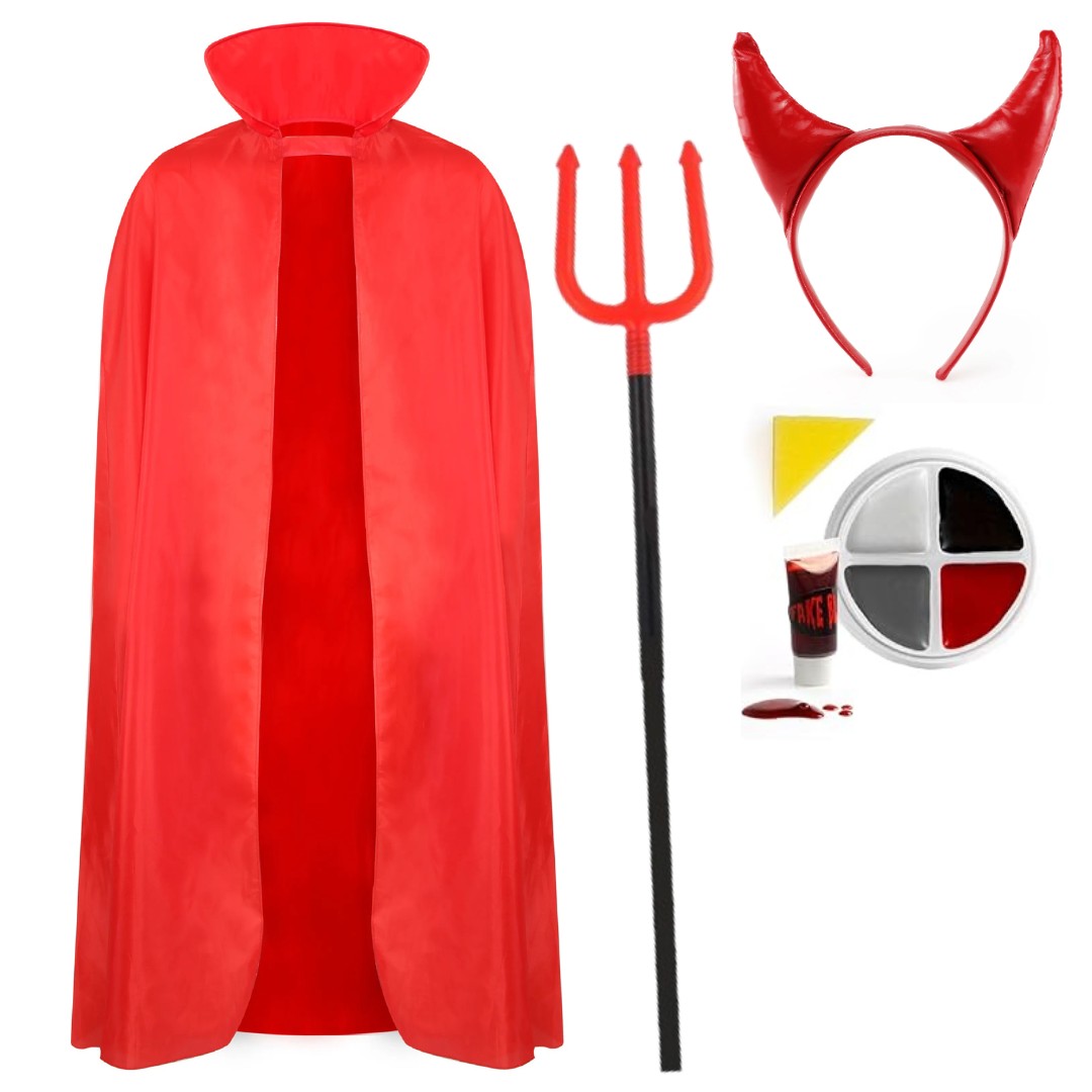 Adults Red Devil Costume | 4 Pcs | Cape, Headband, Fork & Face Paint