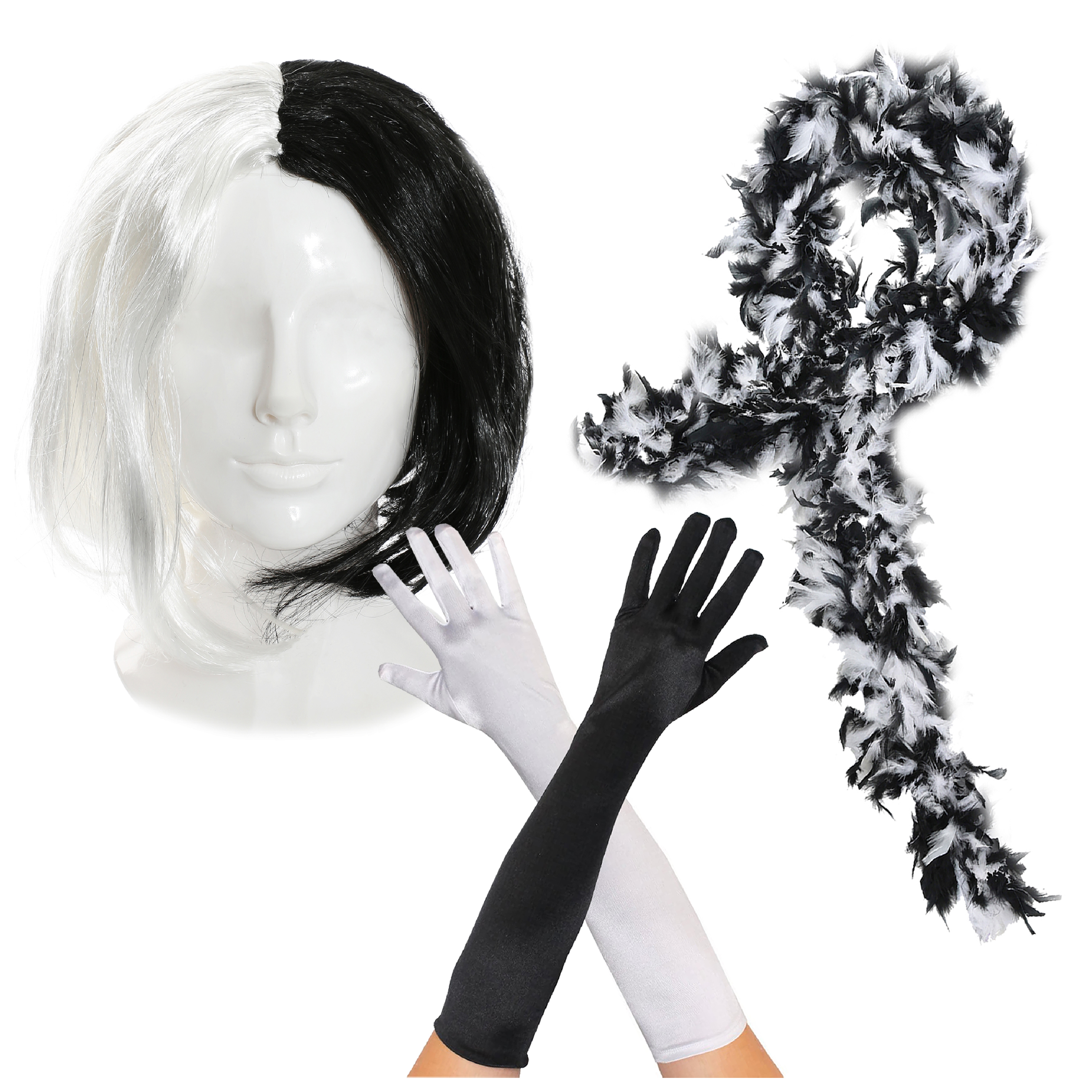 Evil Dog Lady Accessory Set - Bob Wig, Gloves & Feather Boa