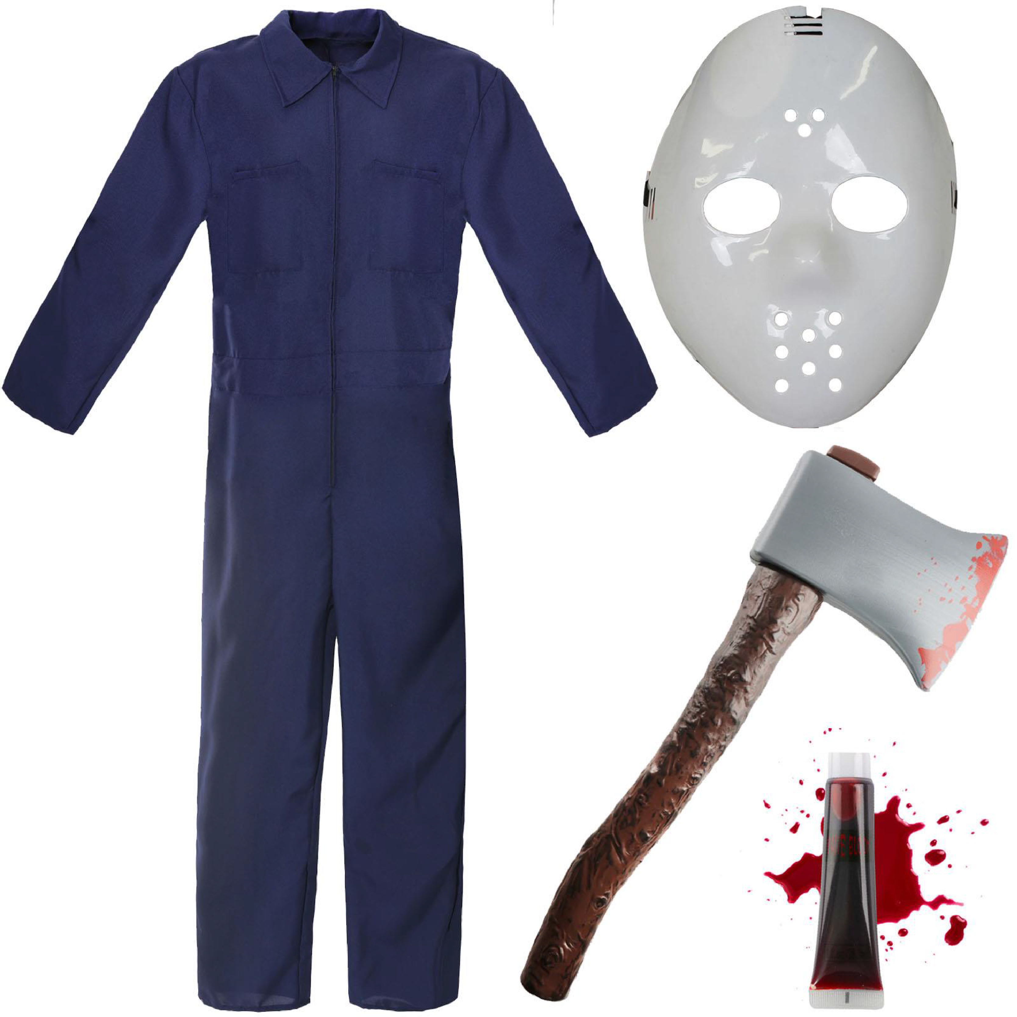 Jason Vorhees Inspired Costume - Blue Jumpsuit Hockey Mask, Axe and Blood