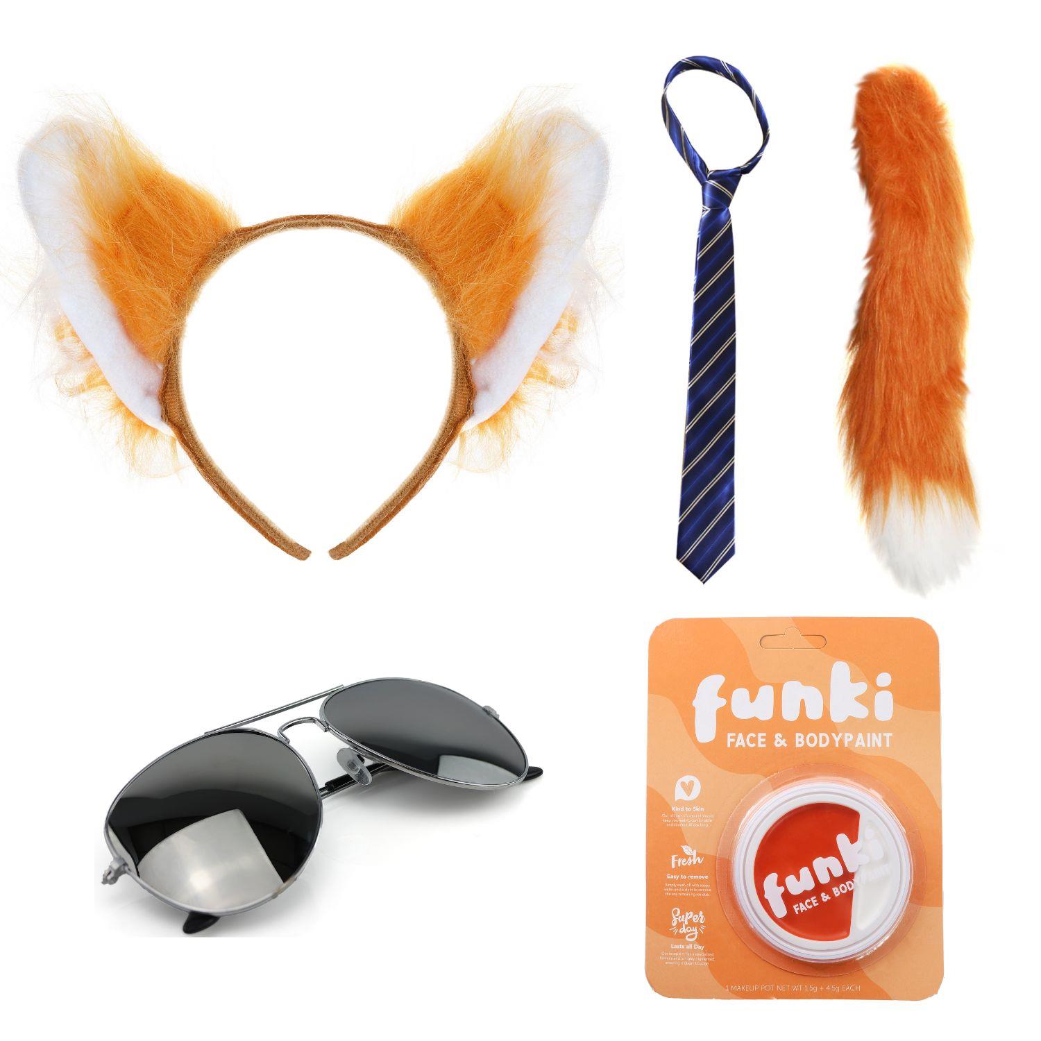 Nick Fox Costume | 5 Pcs | Ears, Tie, Face Paint, Thick Tail & Sunglasses
