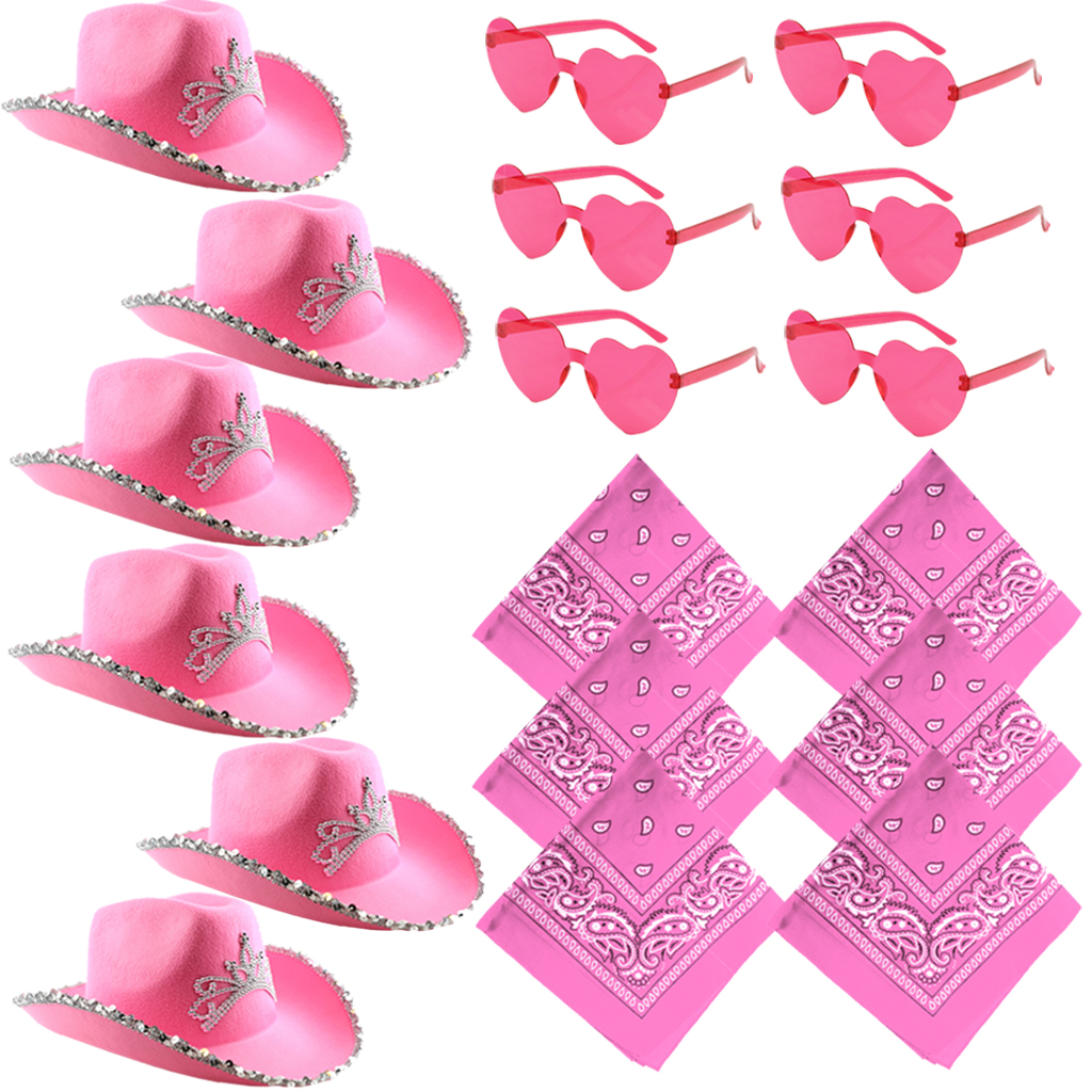 18 Pcs Pink Cowgirl Accessory Set | Hen Party | X6 Pink Cowboy Hats, X6 Heart Glasses & X6 Paisley Bandanas